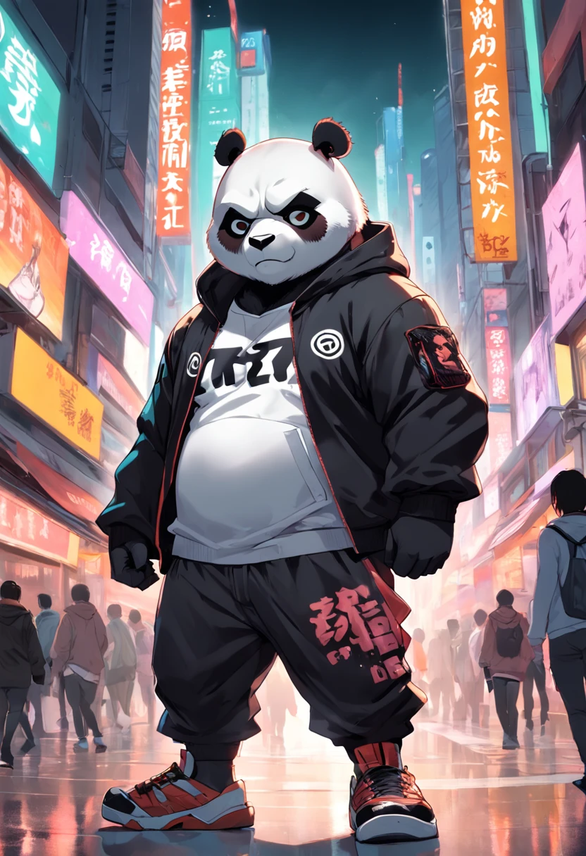 A cartoon panda bear in a jacket and pants standing in a crowded city ...
