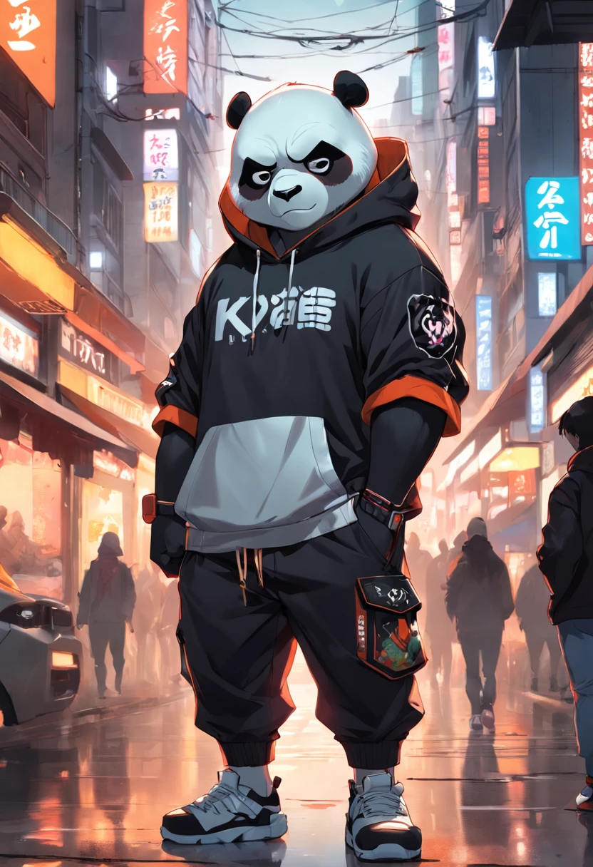 ((foto crua)), ((obra-prima)), Anthropomorphic humanoid panda wearing (((roupas de streetwear))), caminhando furiosamente entre as pessoas, detalhe intrincado, intricate Greebles pieces, city behind, corpo musculoso, (((large muscles))), muscular arms, (small head), Ogro monstruoso, Titan soft lighting, Hiper realista, soft-lighting, Ambiente sinistro