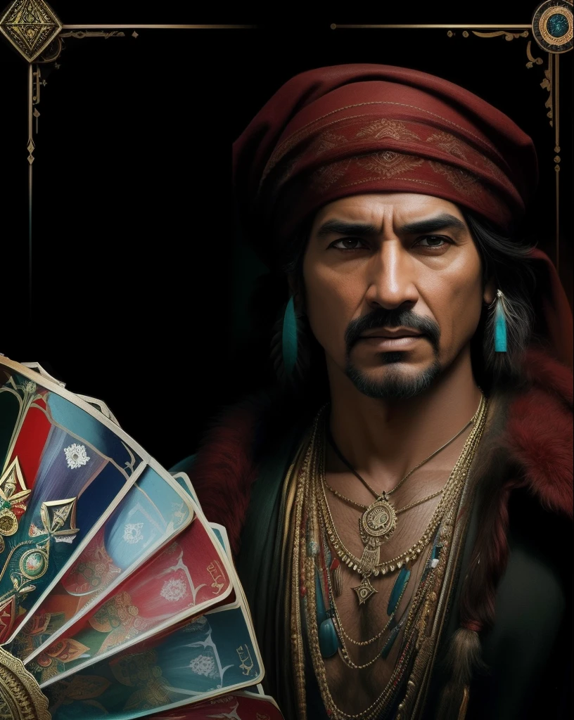 Create the image of an extremely blinking gypsy wizard holding tarot cards in the background, a large exoteric mandala, Dramatic Illumination of American Indians;, digital art trending on Artstation 8k HD high definition detailed realistic, circunstanciado, textura da pele, hiper detalhado, textura de pele realista, armadura, melhor qualidade, ultra high-resolution, (fotorrealista:1.4), high resolution, circunstanciado, Foto RAW, sharp re, by Lee Jeffries Nikon D850 film Stock Photography 4 Kodak Portra 400 camera F1.6 lens rich colors hyper realistic lifelike texture dramatic lighting unrealengine trending on artstation cinestill 800,