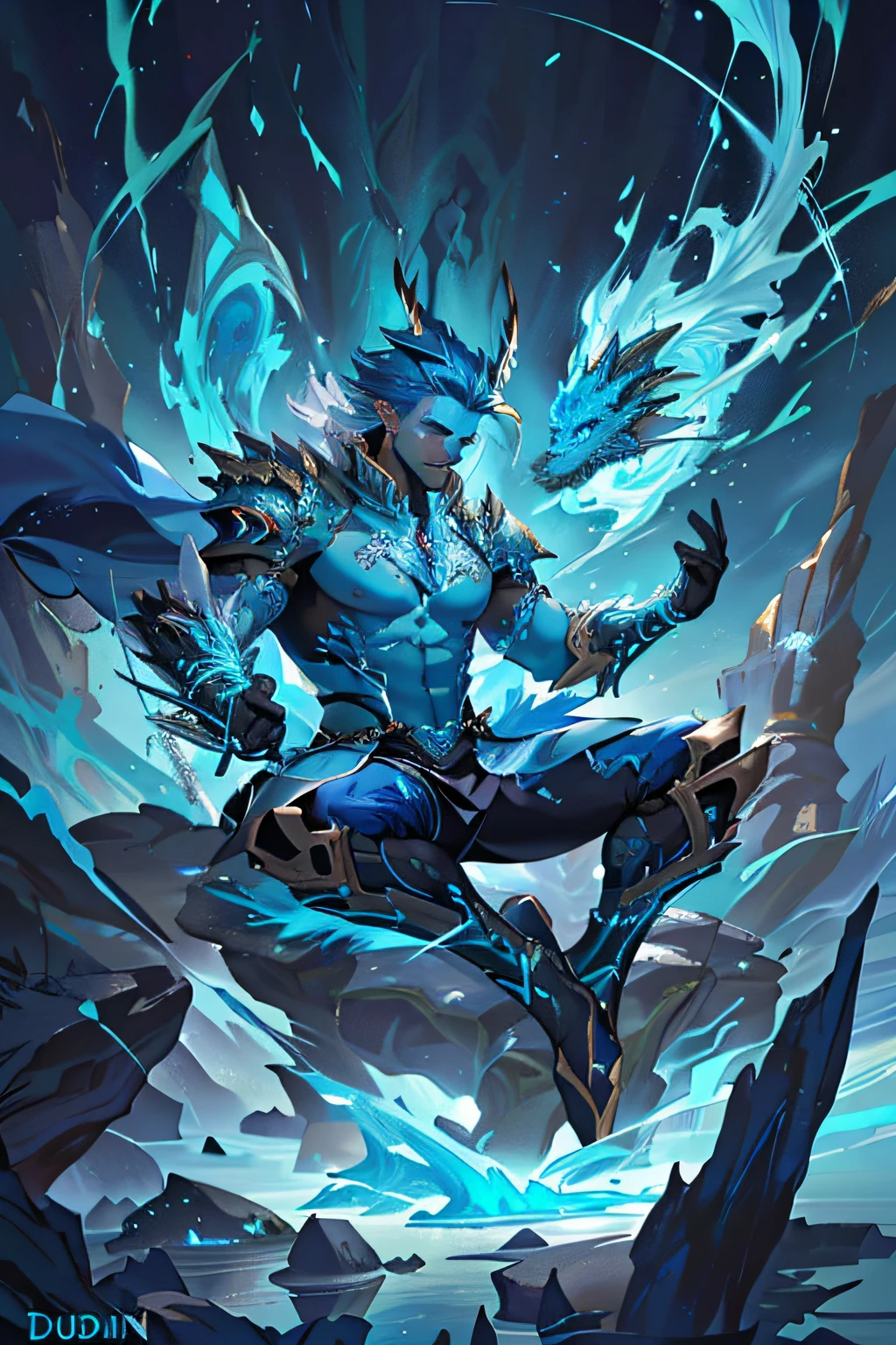 A blue-haired male character in a blue suit is flying through the air, djinn azul, Lord of Ice, dragon inspired blue armor, Este personaje tiene crioquinesis, male djinn man demon hybrid, epic fantasy digital art style, Iconic Character Splash Art, inspirado por Huang Shen, djinn hombre demonio masculino, Splash Art oficial, Arte de salpicaduras