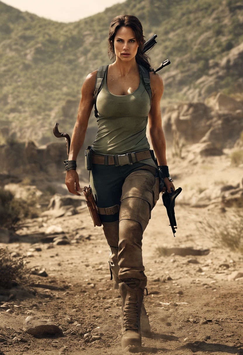 Beautiful Face sieht aus wie folgt: (((Eiza Gonzalez))), The hair is wavy and rough from dirt and flows in the air, Diese Frau ist Lara Croft in ihren 20ern, Your body is athletic with blemishes and dirt on your body and skin, Sexy Look, (((Evan Lee))) inspirierte, zerrissene Kleidung, Heldenhafte Pose, full entire body, (((Protagonist))), (((Lara Croft)))