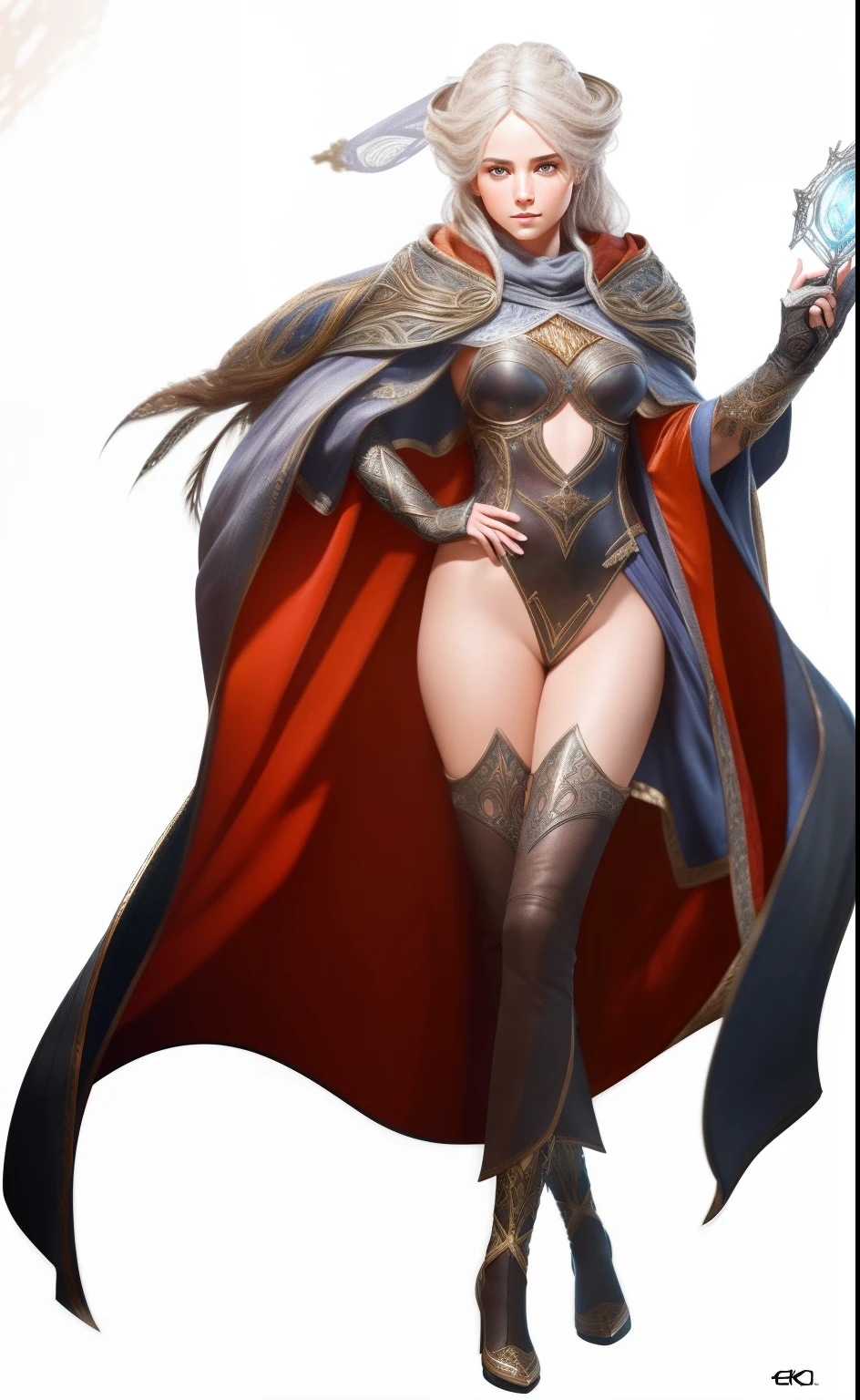 medieval setting, full view of body, (detailed elf ear, 1 woman, elven featured face, beautiful green eyes, blonde hair), leather armor, black leather pants, leather hooded cape, naked full body, show pussy, show tits