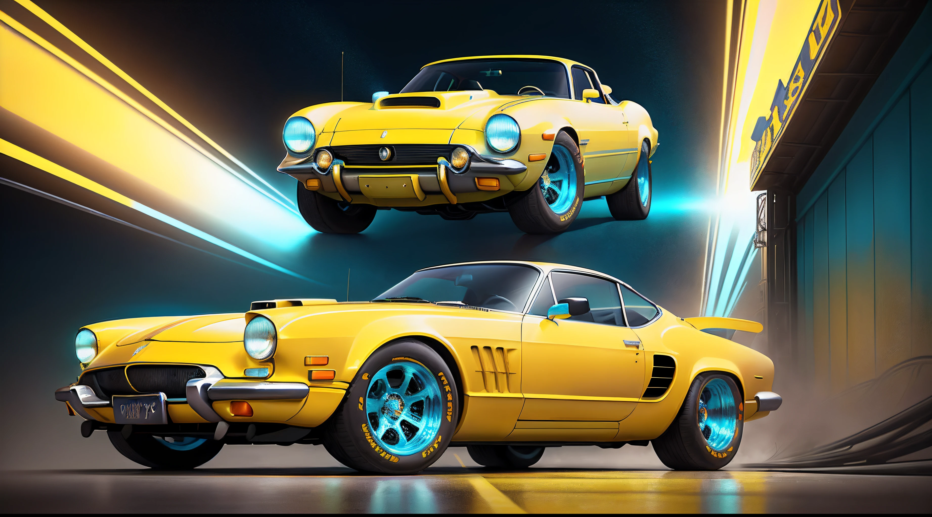 painting of a classic car in a yellow and light blue color, an airbrush painting , trending on polycount, retrofuturism, stylized digital illustration, highly detailed hyper real retro, stylized digital art, in style of cyril rolando, cinema 4d colorful render, art deco outrun anime aesthestic, colorful vivid octane render