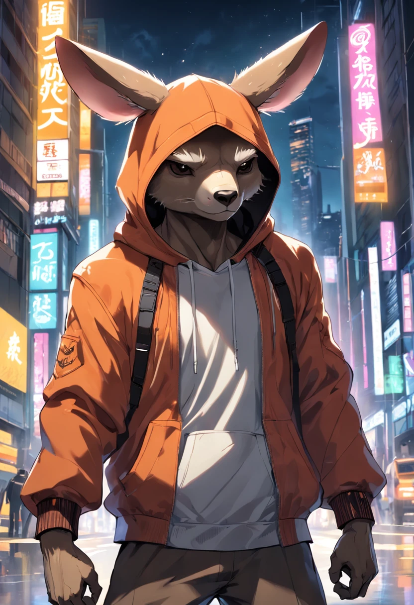 ((foto crua)), ((obra-prima)), anthropomorphic humanoid kangaroo wearing (((roupas de streetwear))), caminhando furiosamente entre as pessoas, detalhe intrincado, intricate Greebles pieces, city behind, corpo musculoso, (((large muscles))), muscular arms, (small head), Ogro monstruoso, Titan soft lighting, Hiper realista, soft-lighting, Ambiente sinistro