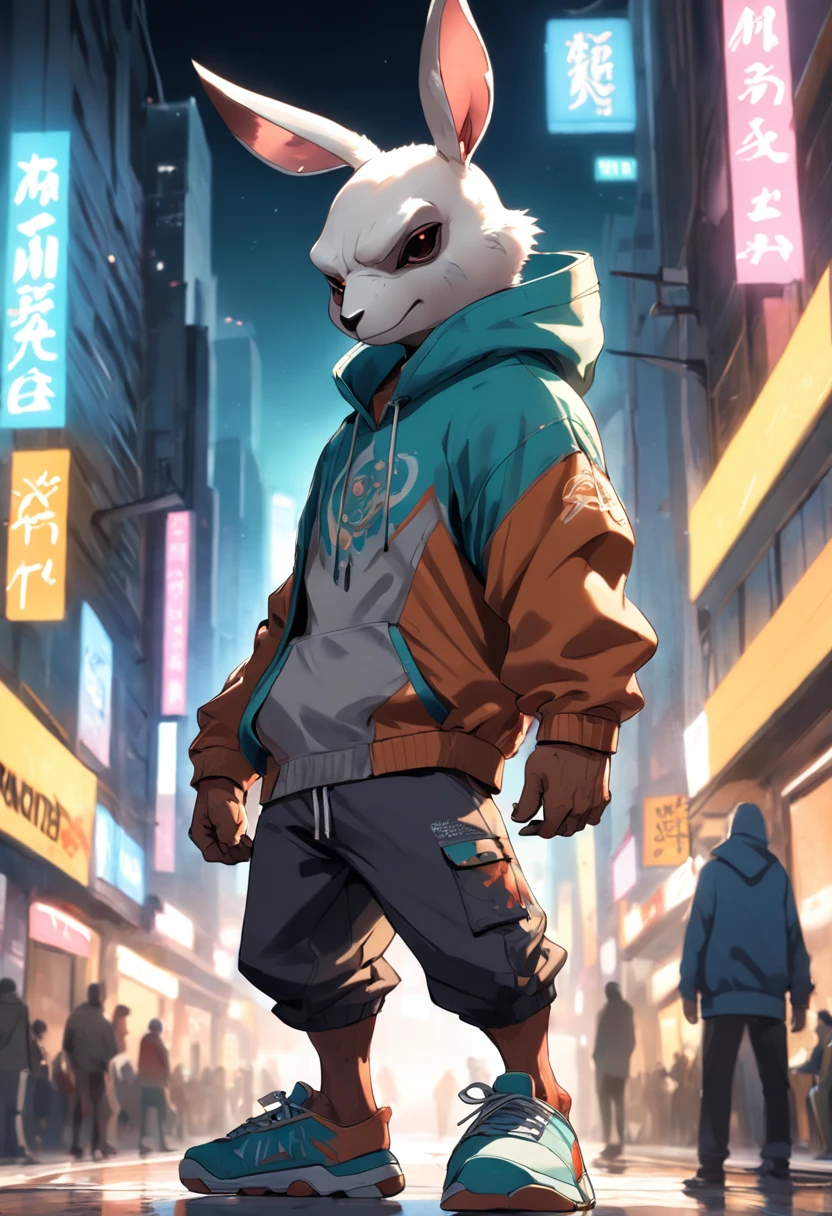 ((foto crua)), ((obra-prima)), anthropomorphic humanoid kangaroo wearing (((roupas de streetwear))), caminhando furiosamente entre as pessoas, detalhe intrincado, intricate Greebles pieces, city behind, corpo musculoso, (((large muscles))), muscular arms, (small head), Ogro monstruoso, Titan soft lighting, Hiper realista, soft-lighting, Ambiente sinistro