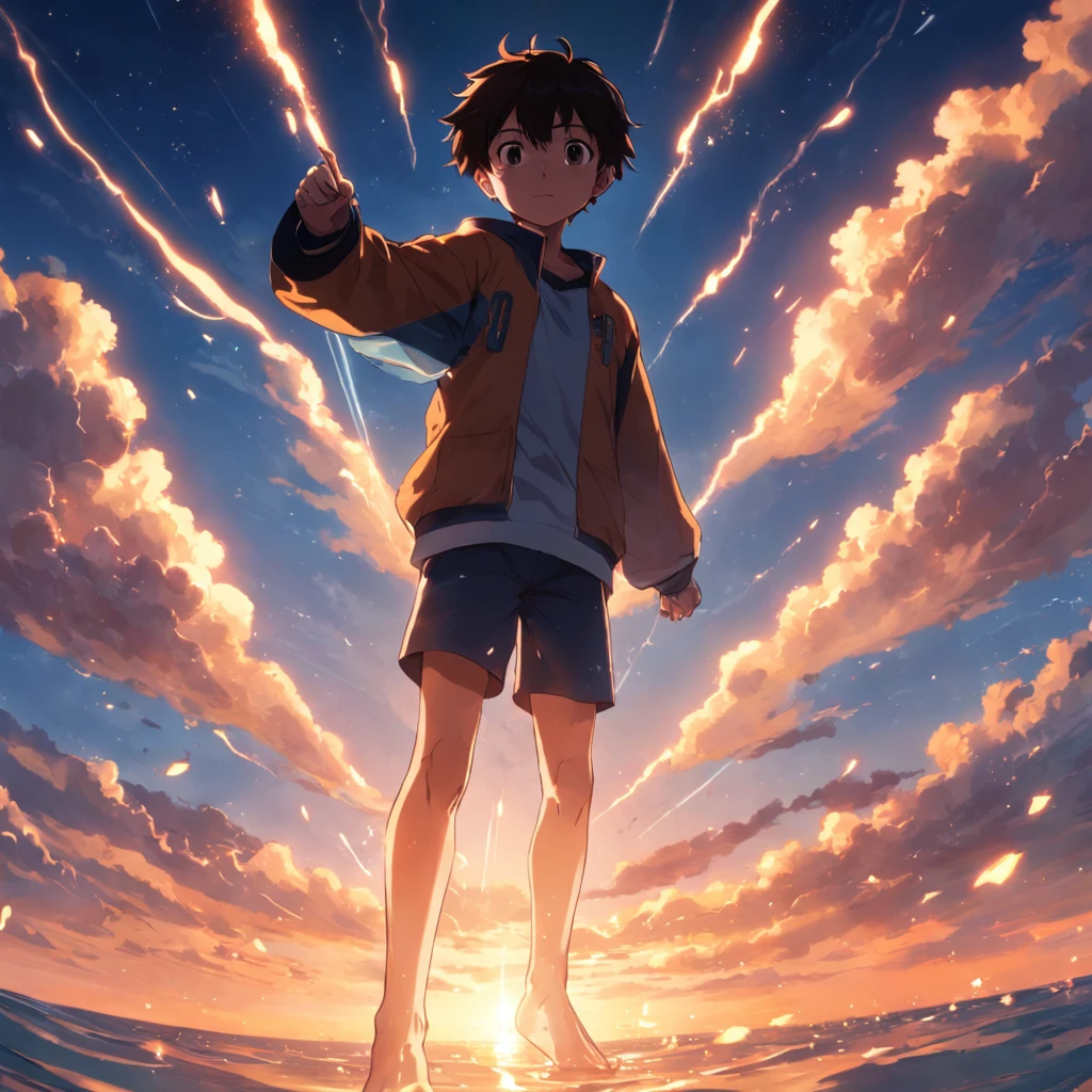 obra-prima, melhor qualidade, filme ainda, 1boy, garoto nuvem, floating into the sky, close-up, brilhante, feliz, Soft lighting and Warm, sun sunset, (Sparks: 0,7)
