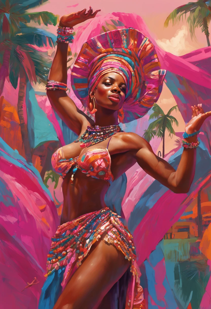 oil painting portraying scantily dressed female African dancers, ((curvy)), ((seductive look)), (((pretty faces))), ((big hips)), beautiful models, ((cleavage)), ((slim waist)), ((flat stomach)), beads around the neck, detailed facial expression, detailed hands, dynamic poses, elegantly posed, wearing white and pink headgear, bare feet, short flowing drapes, gouache, singing, colorful scene, palm trees in the background, wide angle shot, in the style of El-Dragg