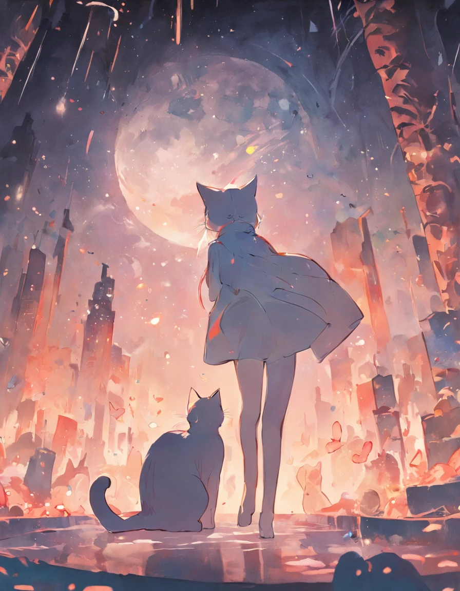 Cats((Stay with the cat1.5))、full body Esbian、girl with、
(PastelColors:1.5)、(Cute illustration:1.5)、(watercolor paiting:1.2)、white hair