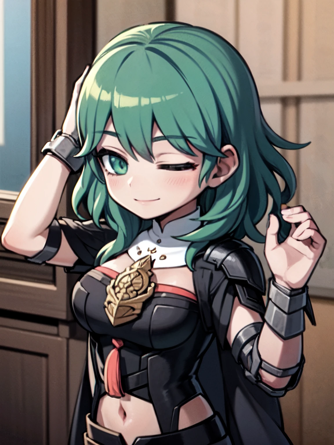 ((masterpiece, best quality)), (1girl), (solo), fembyleth, light green hair, green eyes, detached collar, black cape, black crop top, breastplate, tassel, belt, short shorts, gauntlets, portrait, smiling, closed eyes