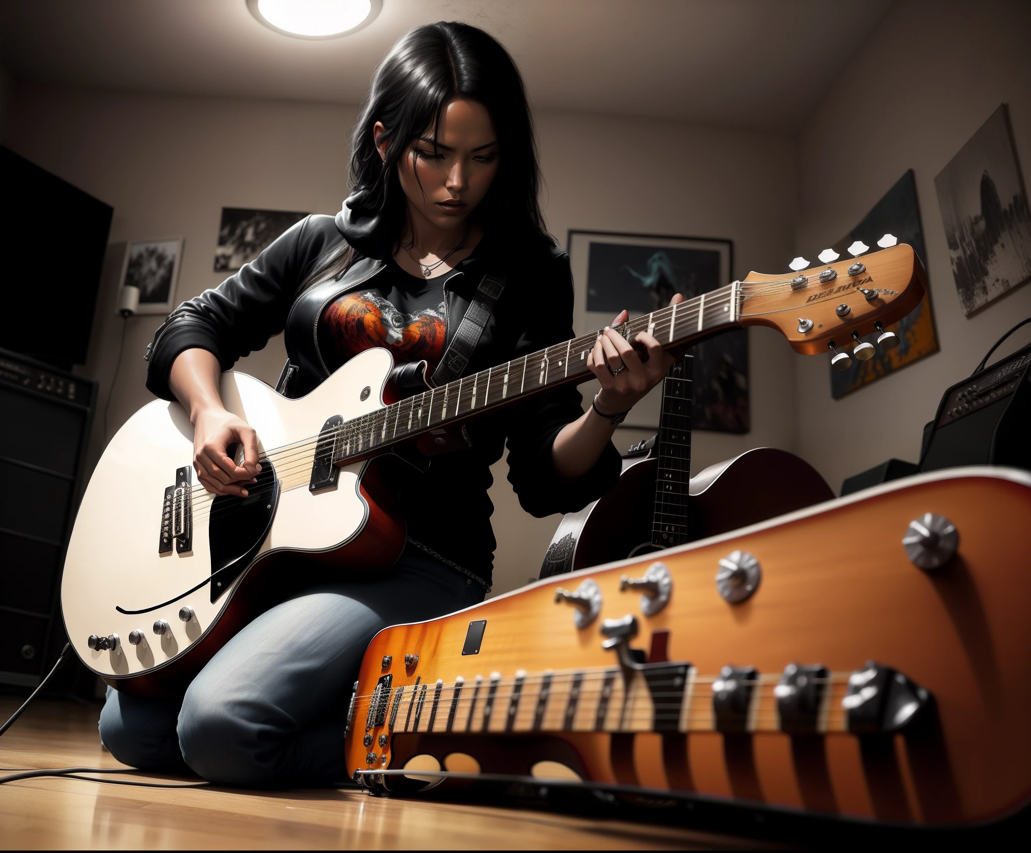 There's a guitar that's lying on the living room floor, conceptual art of acoustic guitarra, monochromatic airbrush painting, arte em heavy metal, estilo de arte heavy metal, just art for dark metal music, arte detalhada da capa, Electric guitar, acoustic guitar, masterful composition!!!, Album art, badass composition, solo by acoustic guitarra, Guitarra, Lee Bermejo, arte de fundo