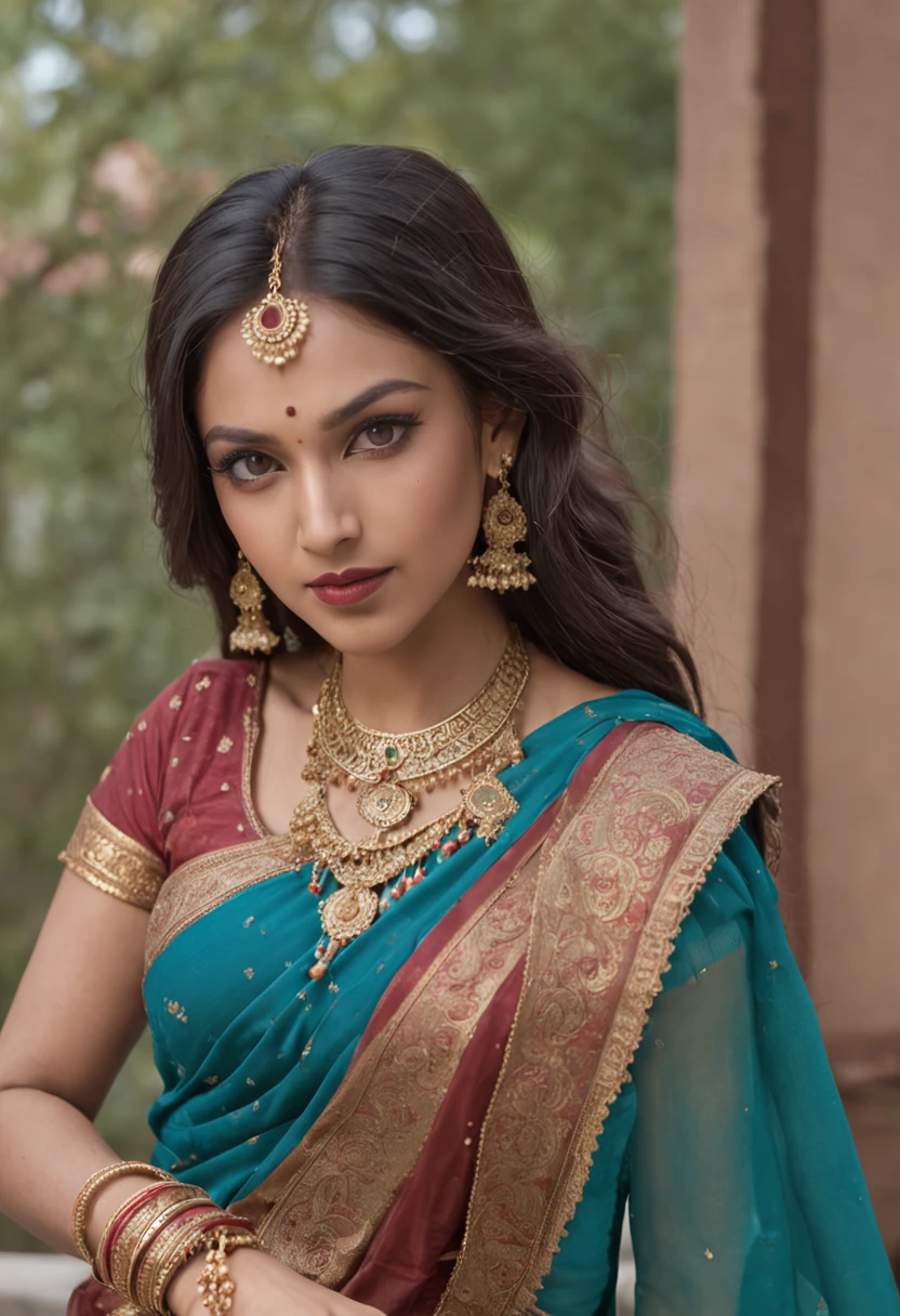 a woman in a sari posing for a picture, indian goddess, traditional beauty, indian, beautiful goddess, ornate cosplay, indian style, indian super model, beautiful maiden, gorgeous woman, south east asian with long, provocative indian, gorgeous beautiful woman, intricate outfit, hindu aesthetic, beautiful asian girl, extremely detailed goddess shot, jaw-dropping beauty, big boobs deep cleavage sexy navel