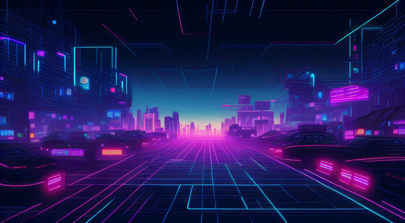Futuristic city with neon lights and neon grid, in a futuristic cyberpunk city, Synthwave City, Cybernetic background of the city, futuristic city street, cyberpunk atmosphere, Cyberpunk cityscape, Cyberpunk city setting, detailed neon cyberpunk city, Cyberpunk background, Futuristic cyberpunk city, Cyberpunk cityscape, cyberpunk aesthetics, Neon metropolis in the background, Cyberpunk city, futuristic street