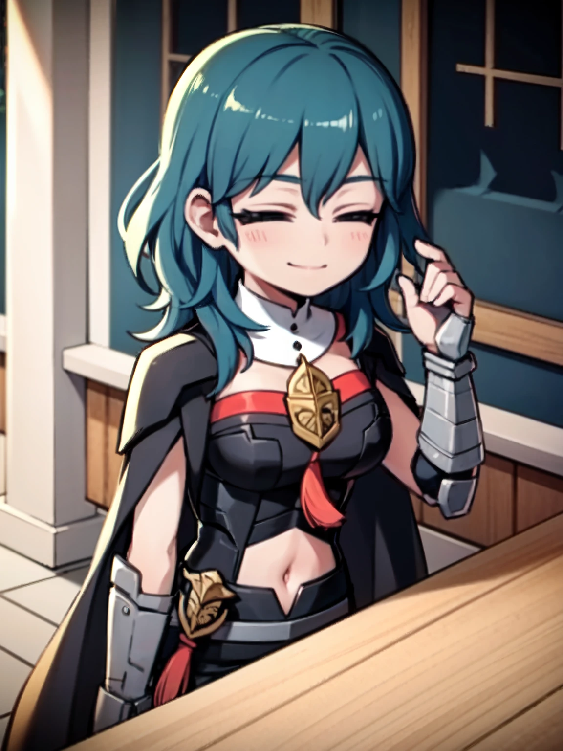 ((masterpiece, best quality)), (1girl), (solo), fembyleth, detached collar, black cape, black crop top, breastplate, tassel, belt, short shorts, gauntlets, portrait, smiling, closed eyes