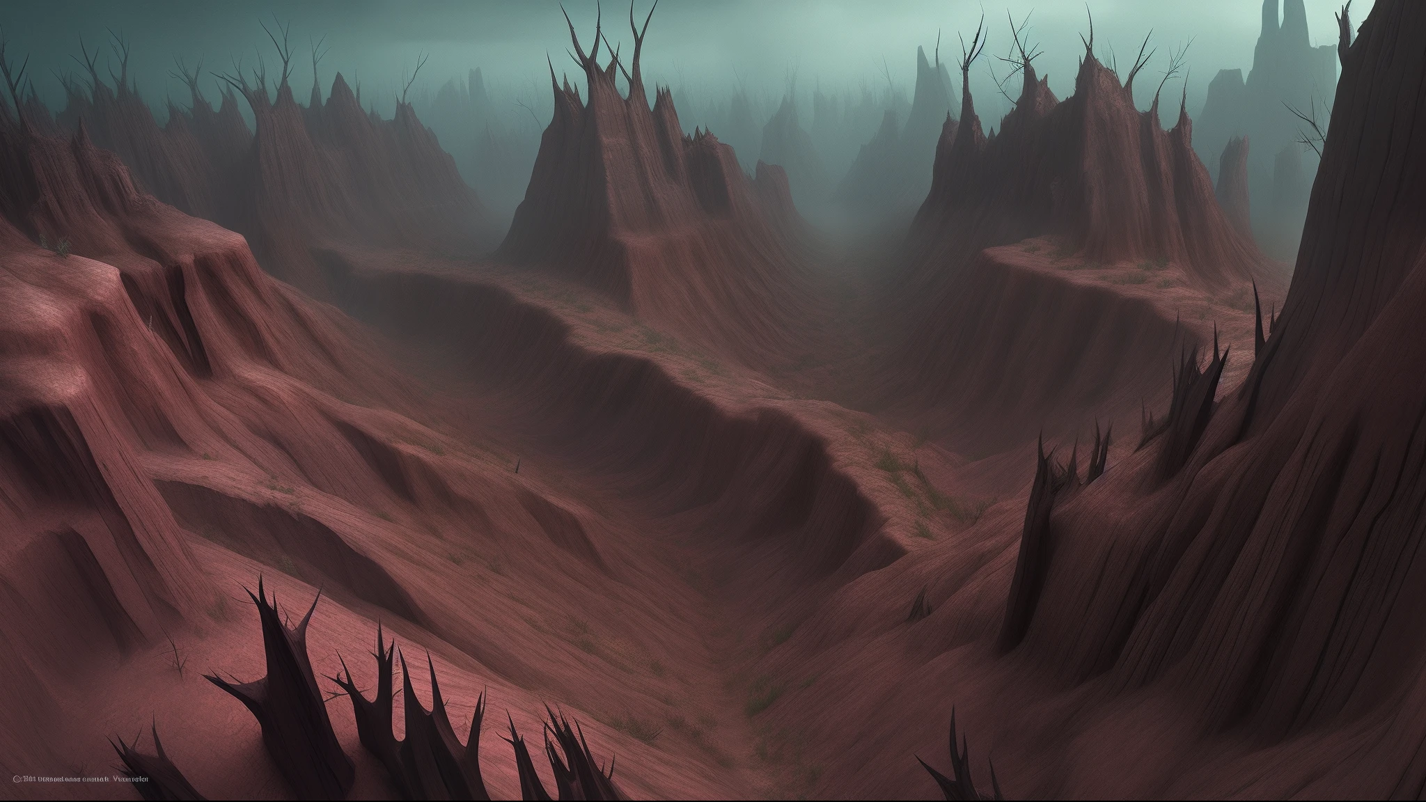 Dark horror landscape; Theme: Ruined canyons full of biomechanics; futuristic horror sites; barbed walls; Madness and frenzy; spikes and thorns; The illusion of the virtual engine.