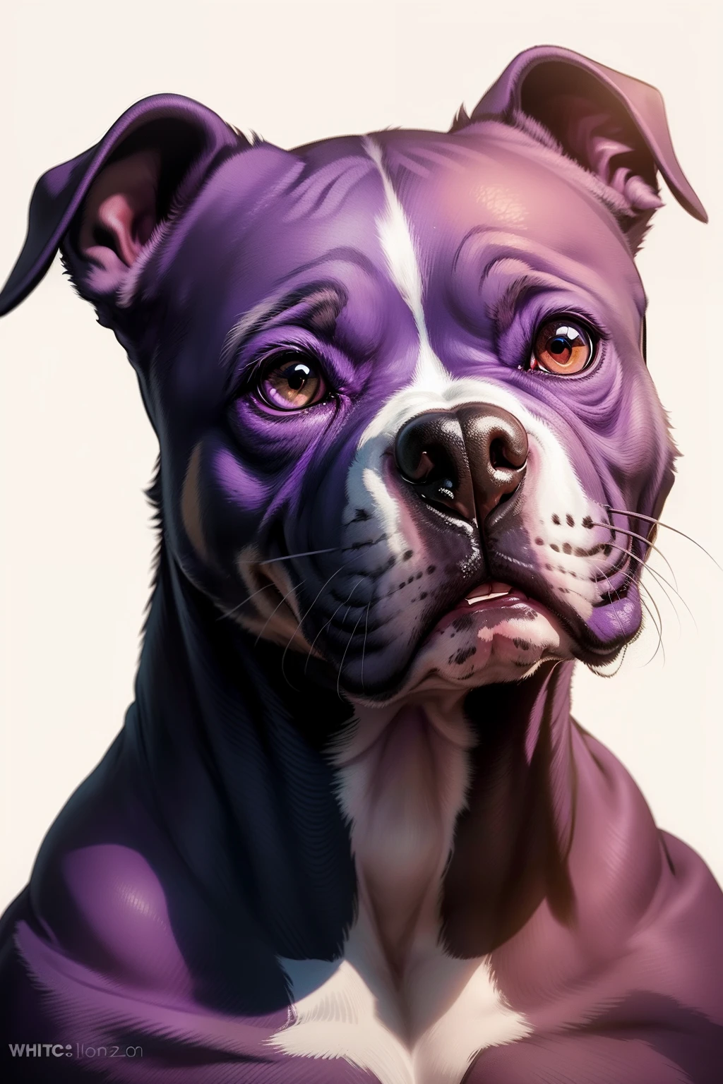 Create a logo of a purple pit bull dog looking at me on a simple white background