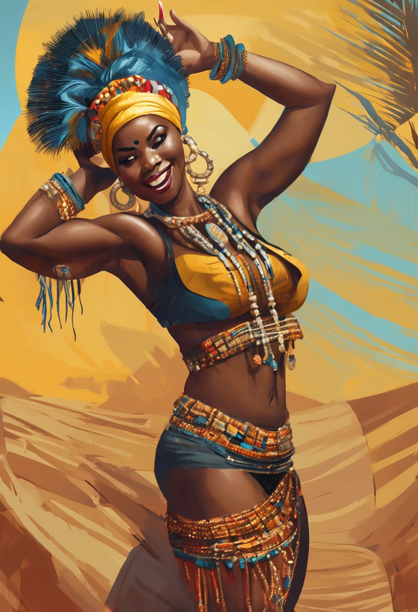 ((Melhor qualidade)), ((obra de arte)), (detalhado), mulher negra, tribal, vibrant and characteristic colored clothing, carrying a pot of water, ao fundo uma grande cidade, back view