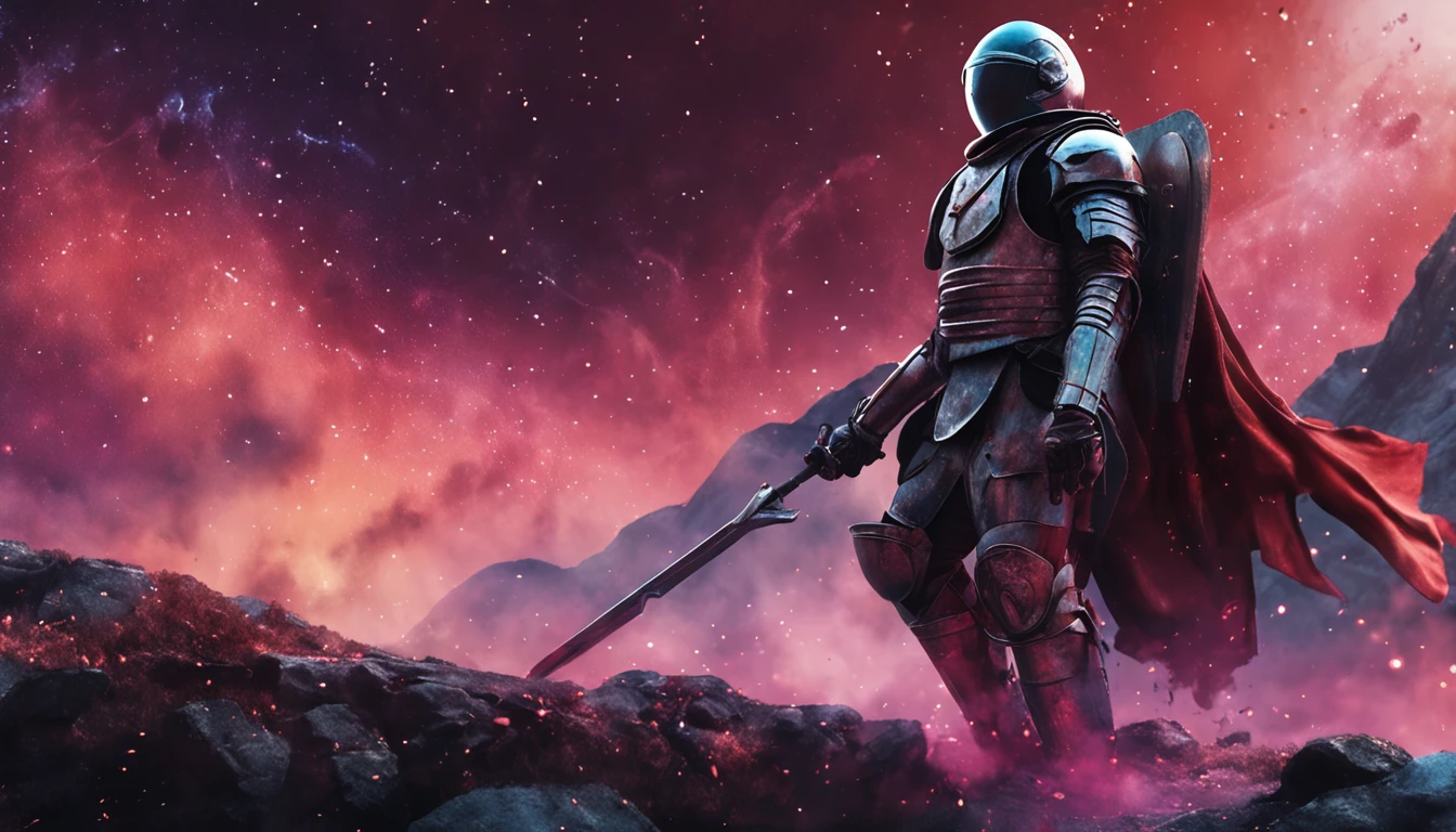 Painting of a medieval warrior in outer space fighting