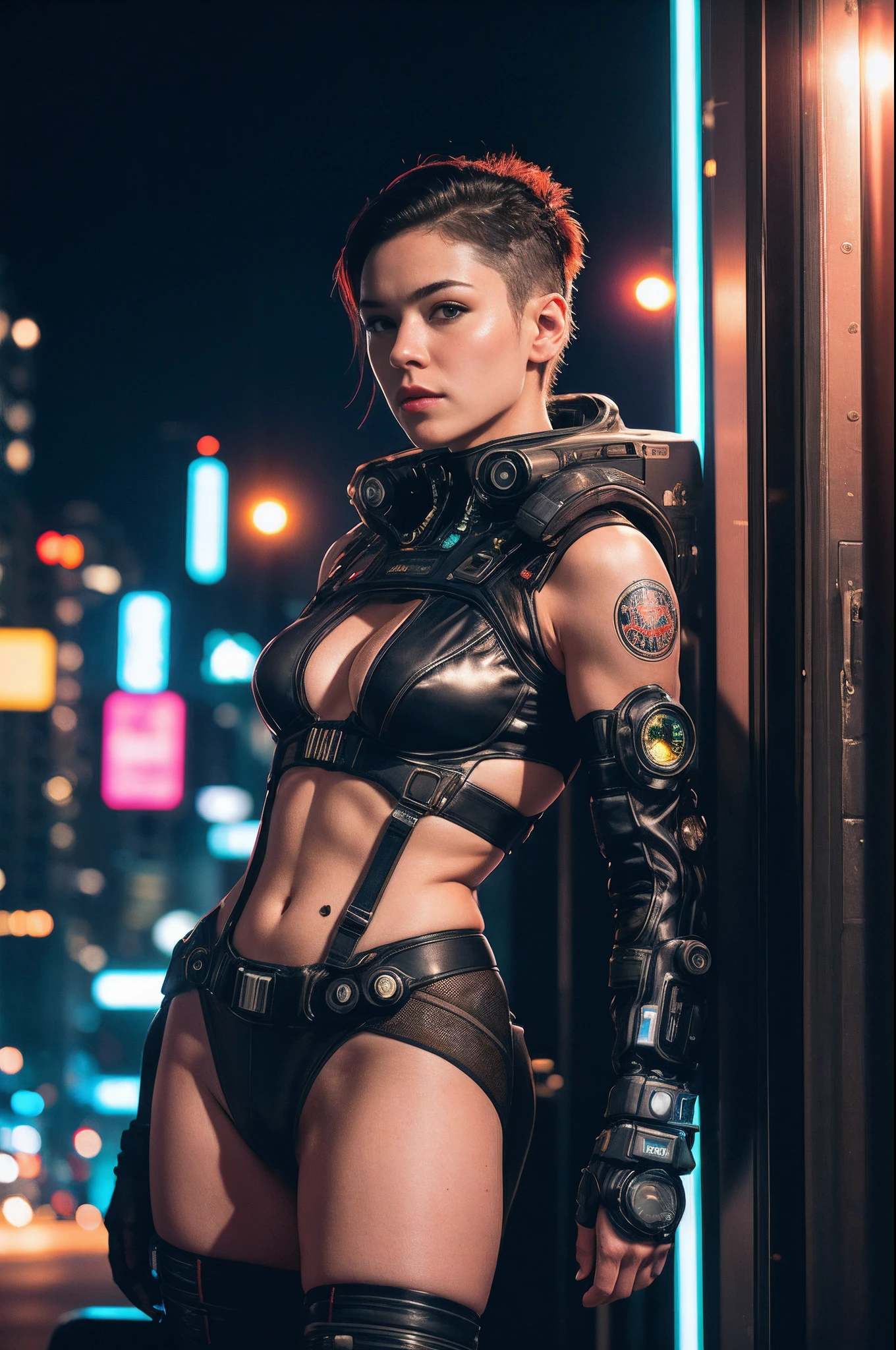 Masterpiece, a beautiful female mech pilot, (Alyssa Sutherland:Janeane Garofalo:0.5), (cyberpunk city at night background), partially transparent sexy cyberpunk outfit, (small breasts), strong muscular body, short filthy hair, undercut, legs, cyberpunk, (skin texture:1.1), best quality, ultra high res, (photorealistic: 1.4), Raw photo, by Ellen von Unwerth, Nikon D850 Film Stock Photography, F1.6 Lens, Rich Colors, Realistic, Cinestill 800, backlight, rimlighting, studiolighting, a handsome man pressed up behind her