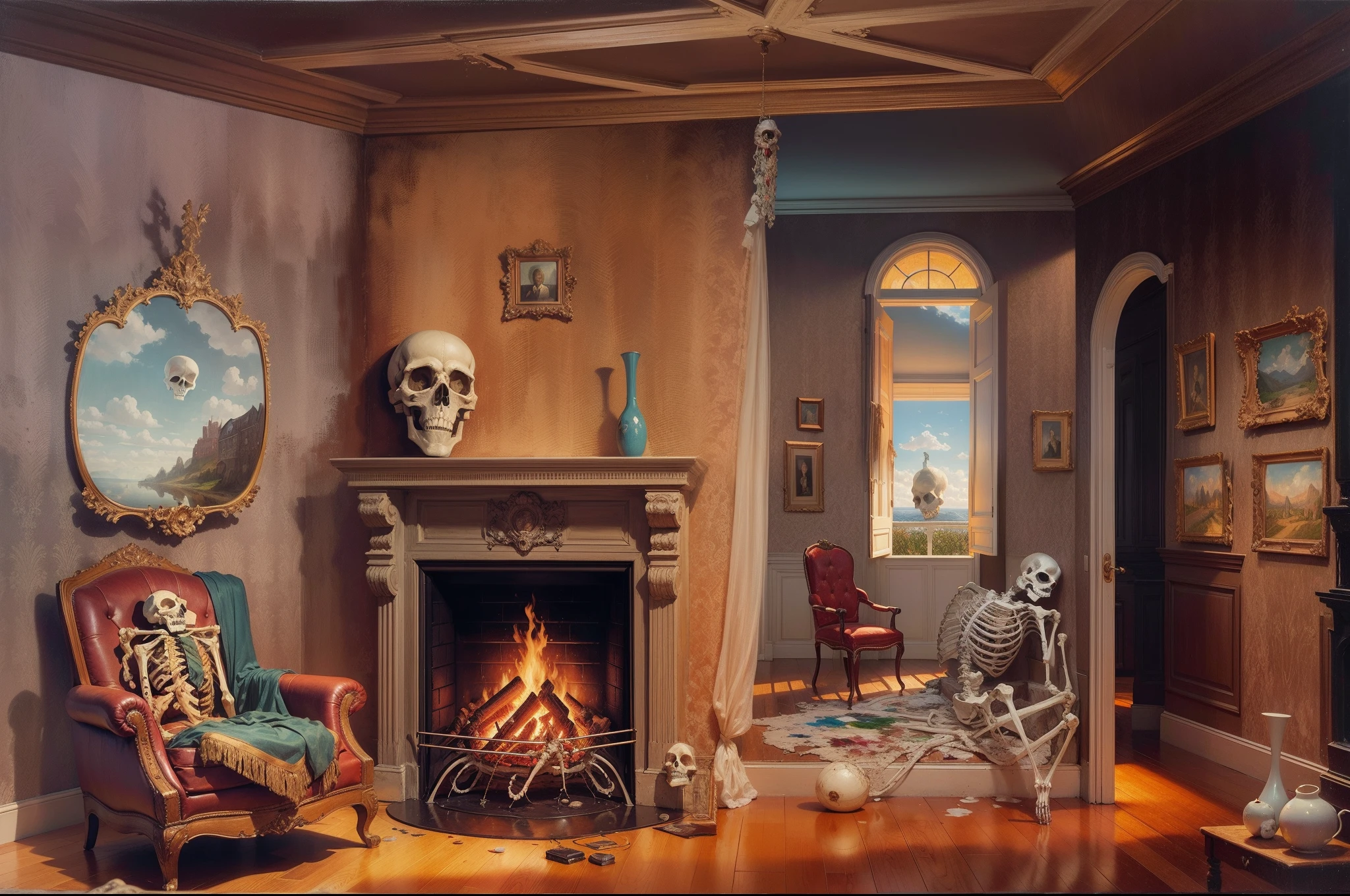 painting of a living room with a fireplace and a skeleton in the corner, surrealism painting, surreal painting, surrealism art, masterpiece surrealism, surrealistic painting, magritte painting, surrealism, surrealist painting, surreal scene, surreal oil painting, surreal art, rene magritte. hyperdetailed, surrealist art, by Dali, dali style, a surrealist painting