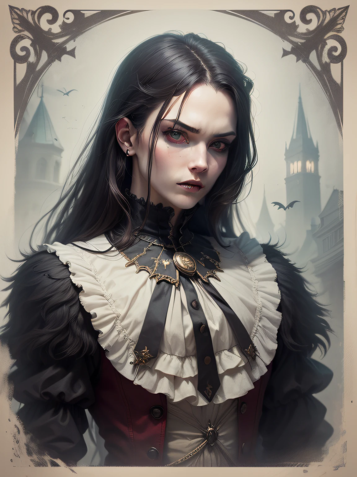 1 Human Vampire King, Lestat, Chic, 30 years, beutiful, Detailed, ultradetail, black hair, Clothing of the 17th century, portrait art, nobility, hyper realisitc, fangs, serious look, gloomily, haze, Creepy Throne Room, ghotic style, Danger, Атмосфера Silent Hill, Obscurity