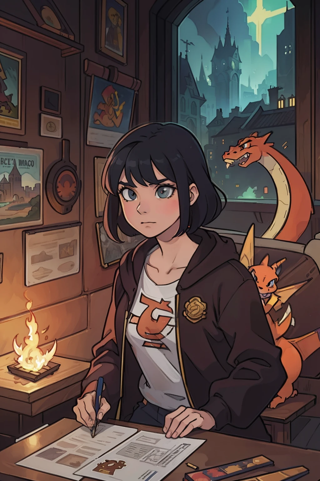 Jogo,card ,Charizard,Theark,a cidade,Dramatic, intrincado, altamente detalhado, Pintura digital, art-station, arte conceitual, liso, foco nítido, illustration, Motor Unreal 5, 8k, Arte de Artgerm e Greg Rutkowski e Alphonse Mucha,por Jes