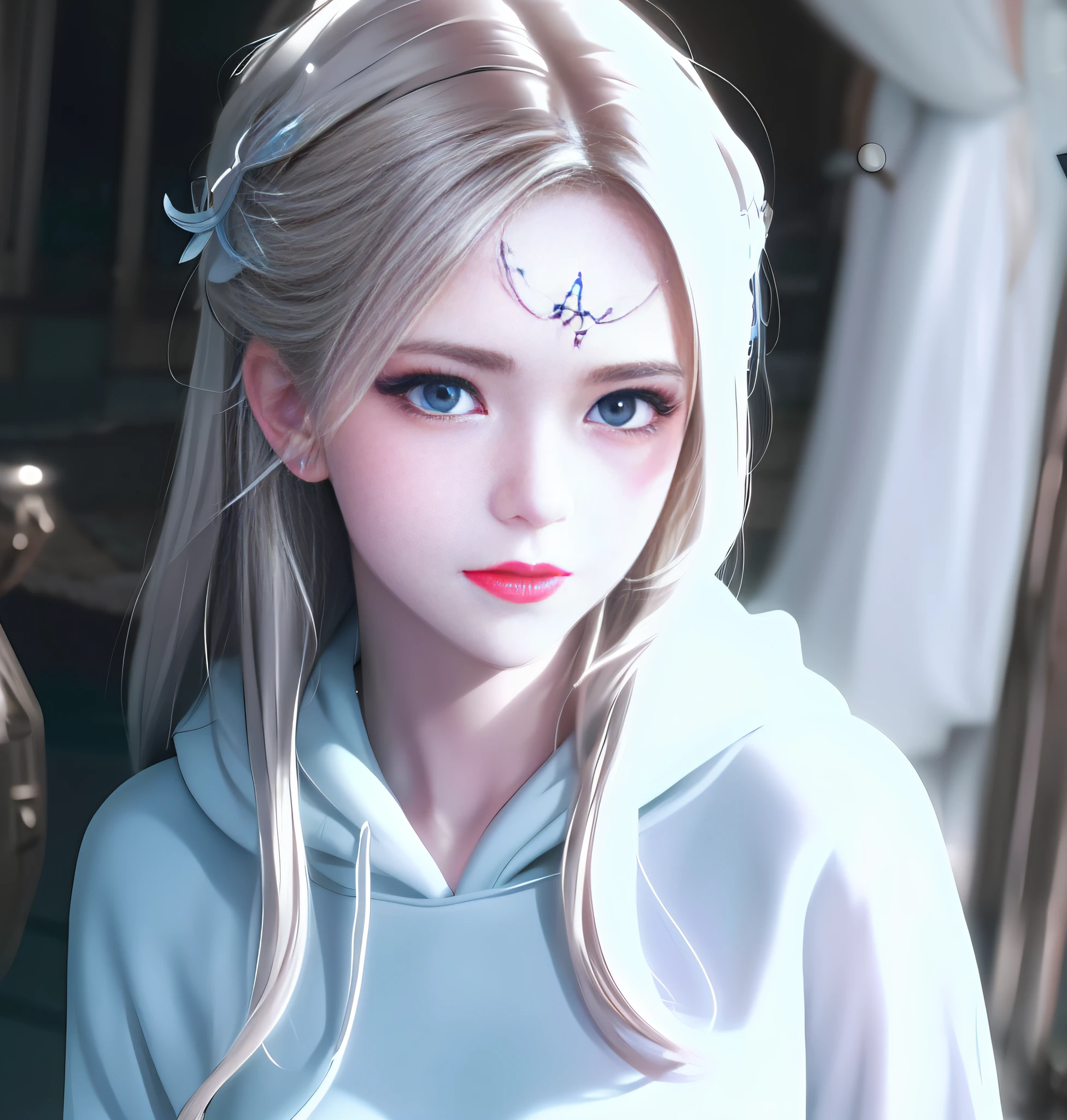 Anime girl with blue eyes and white hoodie, Exquisite anime CG artwork, High-definition stereoscopic digital animation illustration, Smooth and slender anime CG style, Charming and dynamic anime illustration, Cute anime girl image, Realistic anime art illustration, Realistic anime style illustration, Vivid and lively anime girl portrait, The best expression of digital animation art。