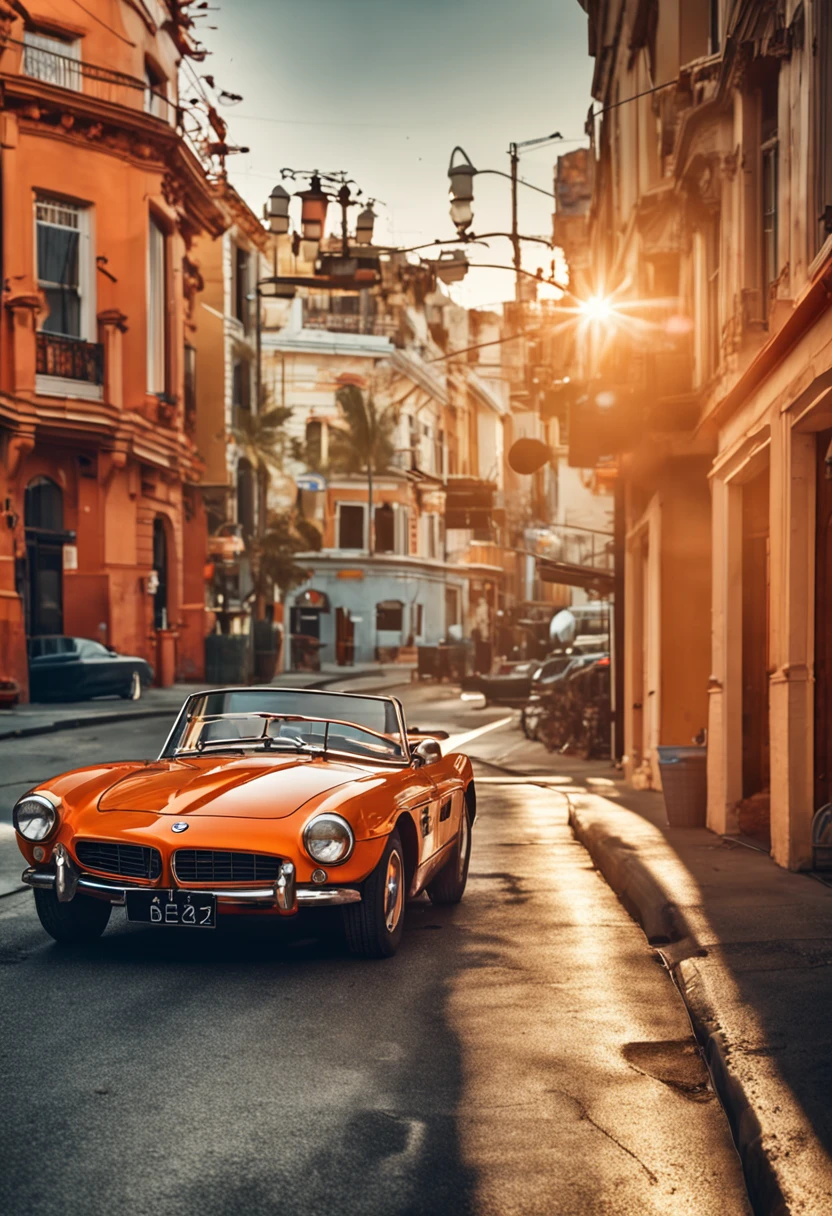 (masterpiece, high resolution, picturesque:1.2), BMW Z4 car, (retro orange exterior:1.1), iconic design, cruising along Harbor Road, (lights reflecting:1.2), bathed in sunlight, sea breeze rustling, (harbor view:1.1), waves lapping the shore, city skyline mirrored, nostalgic ambiance, interplay of light and shadow, rich layers, captivating moment, old-world street view, vintage sentiment, fading moments