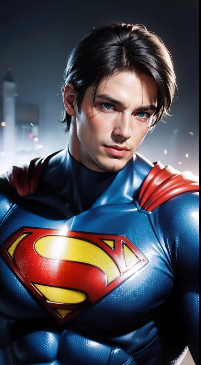 ((Men only)), (head shot), (face only), (handsome muscular man in his 20s), (superman), (Superman, a fictional superhero, is characterized by his chiseled physique, blue eyes, dark hair, and iconic red and blue costume with a bold "S" emblem on his chest), (Mischievous smile), (detaile: 1 in 1), Natural muscles, HIG quality, beautidful eyes, (Detailed face and eyes), (Face、: 1 / 2), Noise, Real Photographics、... .................................................................................................................PSD, Sharp Focus, High resolution 8K, realisitic & Professional Photography, 8K UHD, Soft lighting, High quality, Film grain, FujifilmXT3
