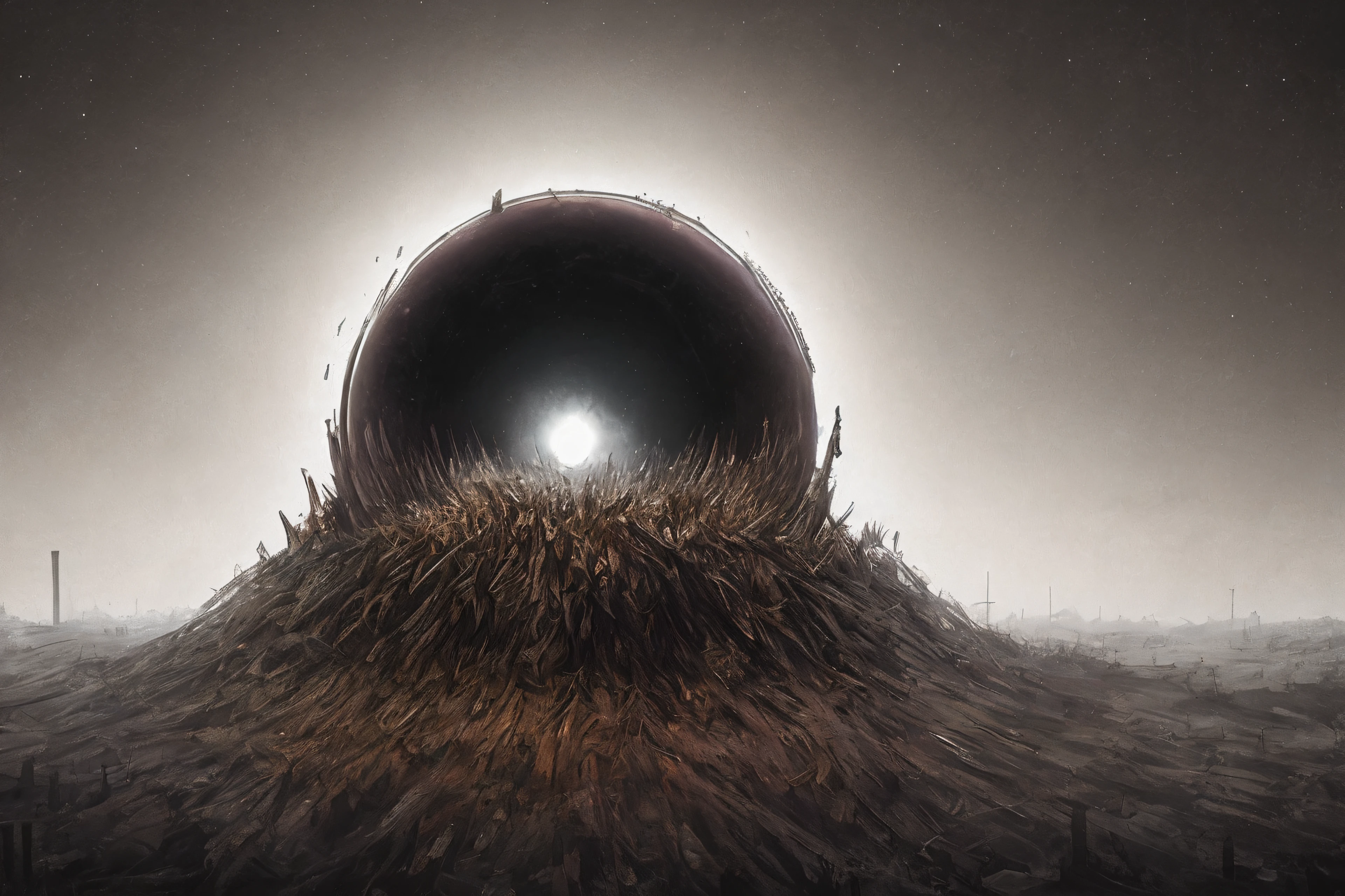 Hatred Reign. Landscape of madness. Black hole in the sky with condemned rotten souls falling down. Horror art. Unreal Engine, UHD, sketch color painting. Intricated details, a masterpiece painting.