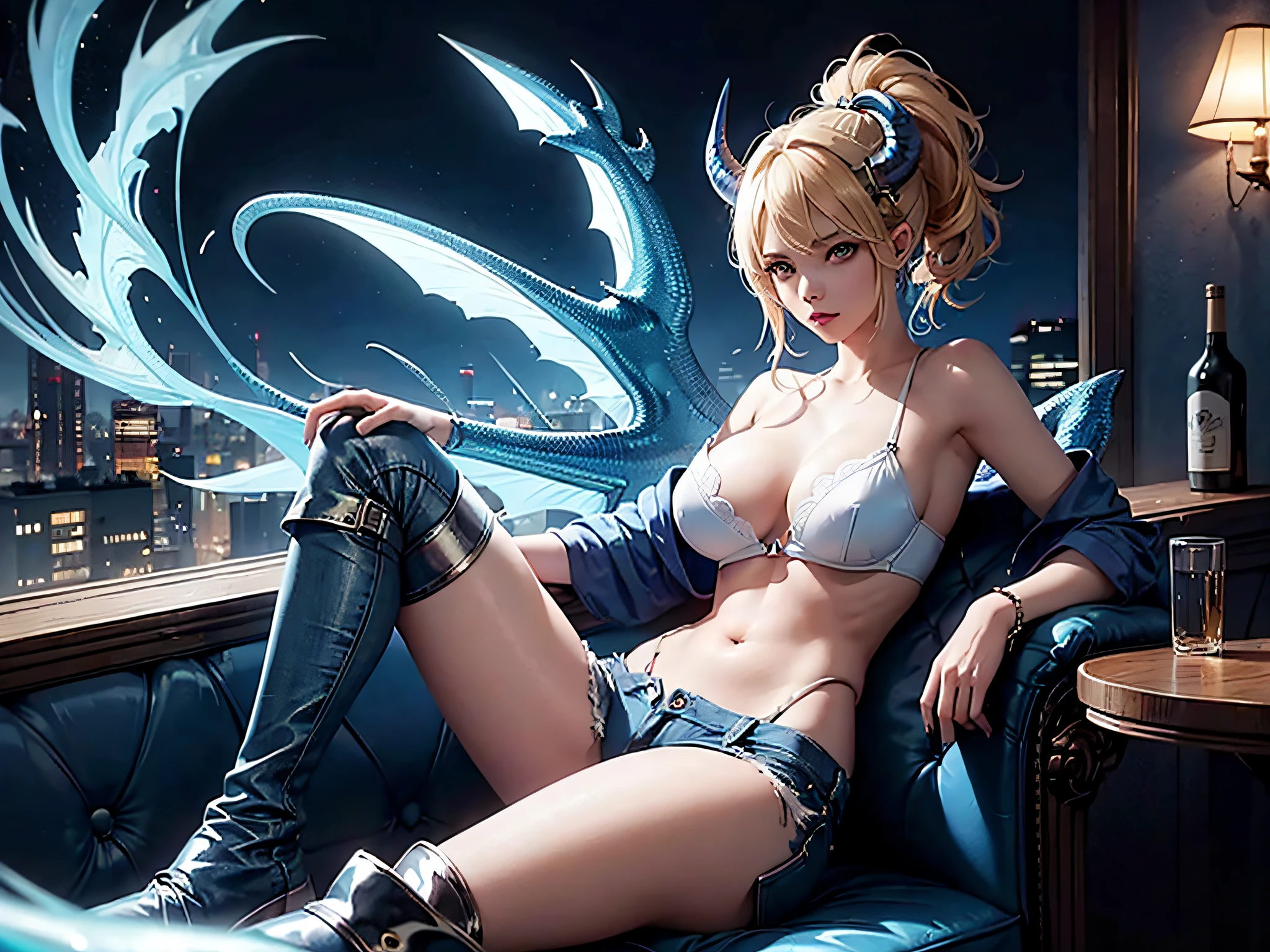 1 girl, blonde, sexy pose, blue guitar, blue dragon wings, blue dragon tail, women's blue boots, blue short jeans, transparent clothes, clouds, blue horns, high resolution, bar room, night bar, blue electric lightning, big breast, blue cup bra