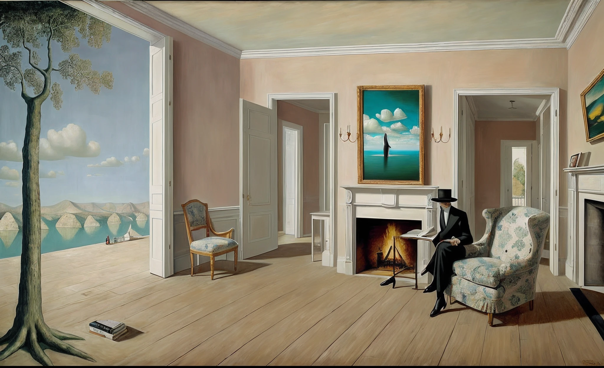painting of a living room with a fireplace and Girl on the Floor, reading Books , surrealism painting, surreal painting, surrealism art, masterpiece surrealism, surrealistic painting, magritte painting, surrealism, surrealist painting, surreal scene, surreal art, rene magritte. hyperdetailed, surreal oil painting, surrealist art, by Dali, dali style, a surrealist painting