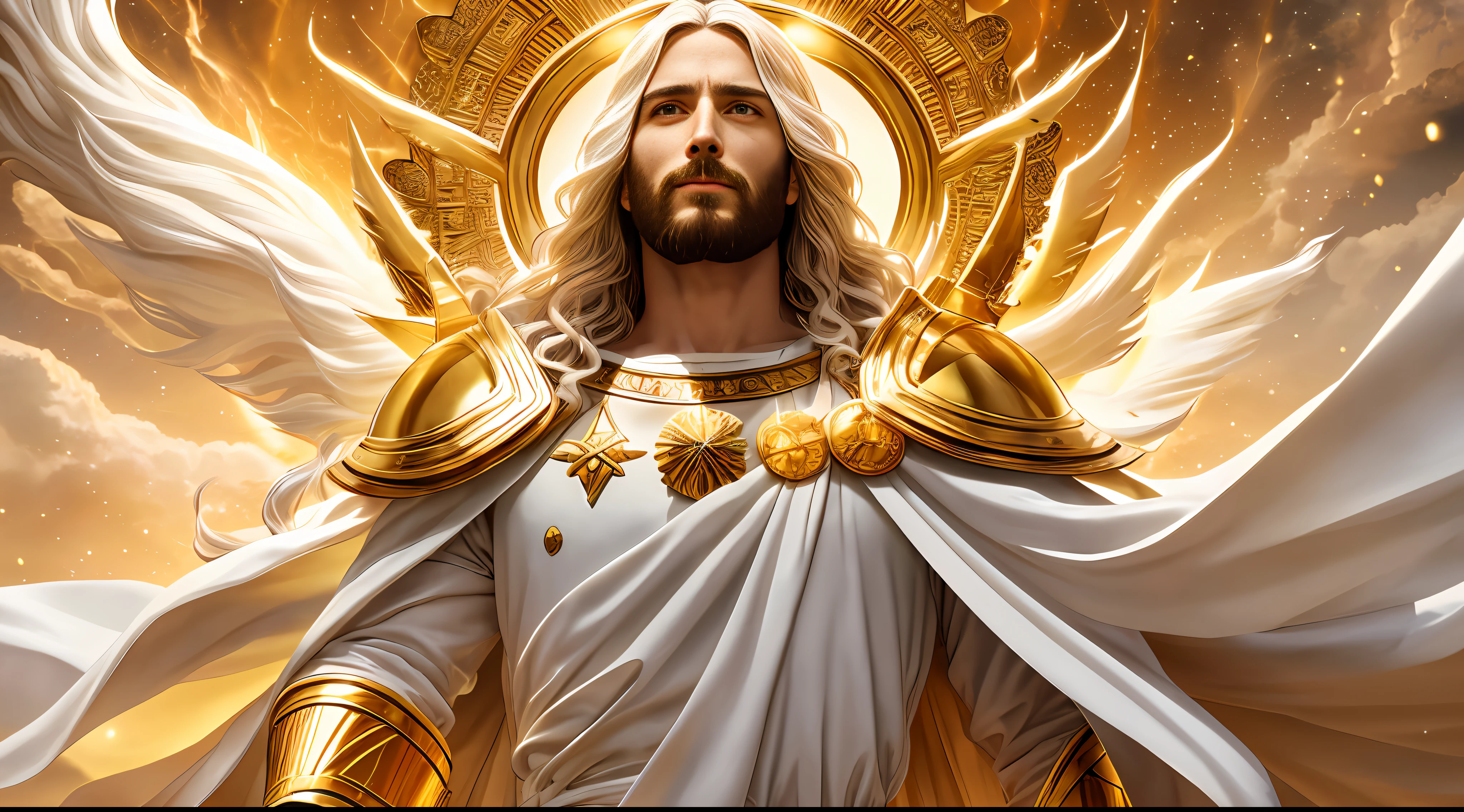 Jesus second coming in the heavens, face like the midday sun, crown, a tunic and a golden breastplate, hair as white as snow, eyes as flames of fire, feet as refined bronze in the furnace, light smile, Surrealism, backlighting, cinematic lighting, high quality, high details, best quality