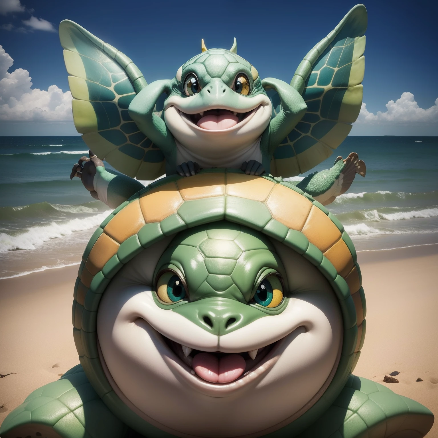 Tartaruga realista sorrindo na frente de pessoas sorrindo sem parar
