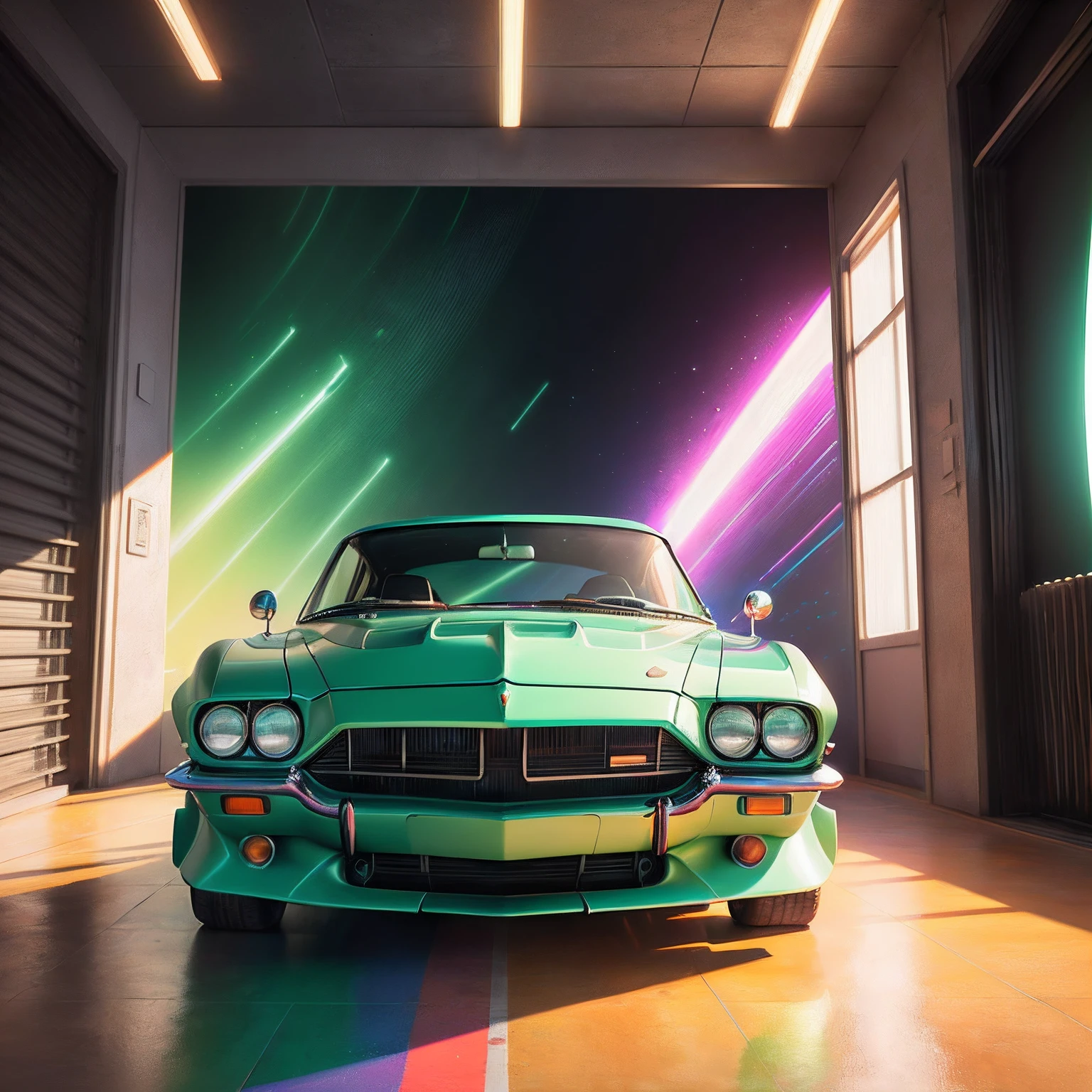 painting of a classic car in a green and white color, an airbrush painting inspired by Mike Winkelmann, trending on polycount, retrofuturism, stylized digital illustration, highly detailed hyper real retro, stylized digital art, in style of cyril rolando, cinema 4d colorful render, art deco outrun anime aesthestic, colorful vivid octane render