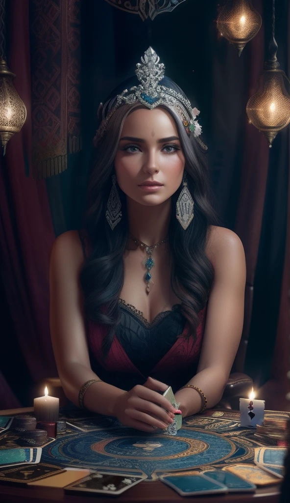 tarot reader woman sit on a table with cards, crystals and candles, beautiful detailed eyes,beautiful detailed lips,extremely detailed eyes and face,longeyelashes, beautiful portrait, hyper realistic, intricate details, lot of cinematic lighting, vibrant colors, magical atmosphere, mystical, ethereal, occult, dark fantasy