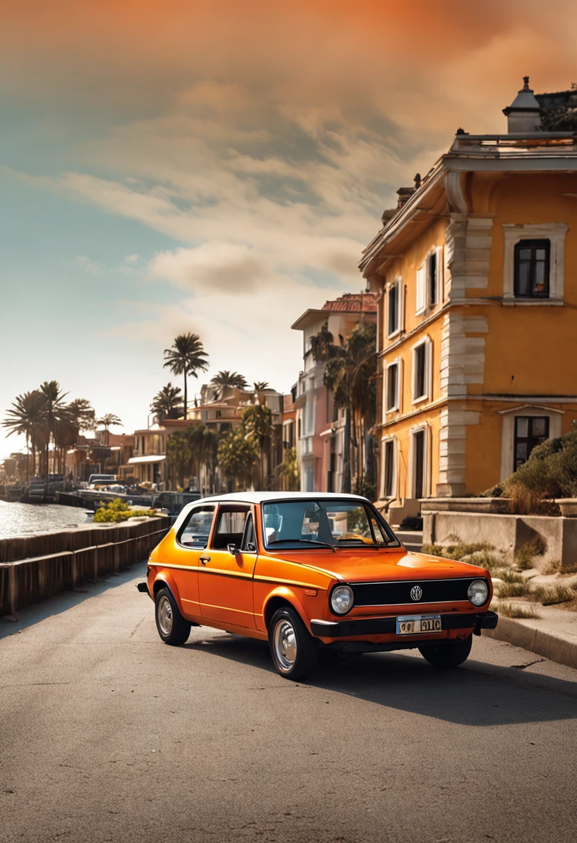 (masterpiece, high resolution, picturesque:1.2), volkswagen golf mk1 convertible car, (retro orange exterior:1.1), iconic design, cruising along Harbor Road, (lights reflecting:1.2), bathed in sunlight, sea breeze rustling, (harbor view:1.1), waves lapping the shore, city skyline mirrored, nostalgic ambiance, interplay of light and shadow, rich layers, captivating moment, old-world street view, vintage sentiment, fading moments