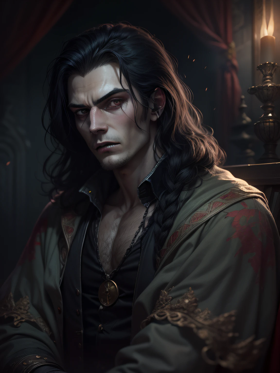 1 The Human Vampire King Man, Lestat, Chic, 30 years, beutiful, Detailed, ultradetail, black hair, Clothing of the 17th century, portrait art, nobility, hyper realisitc, fangs, serious look, gloomily, haze, Creepy Throne Room, ghotic style, Danger, Атмосфера Silent Hill, Obscurity