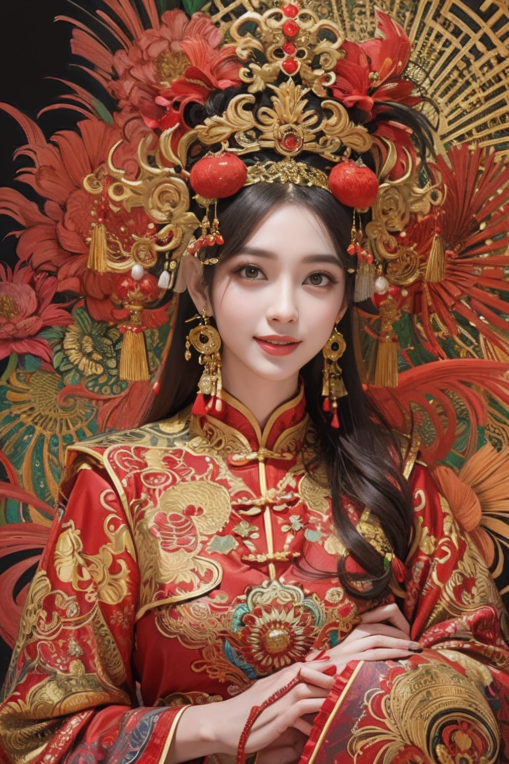 A woman wearing a red and gold Chinese dress，Phoenix crown，a chinese wedding，（tmasterpiece，top Quority，best qualtiy，offcial art，Beauty and aesthetics：1.2），（1girll：1.3），The is very detailed，（s fractal art：1.1），Most detailed，（ zentangle:1.2), full bodyesbian, (abstract backgrounds:1.3), (Shiny skin), (many color:1.4), happy smile,(Earrings), (feater:1.5),