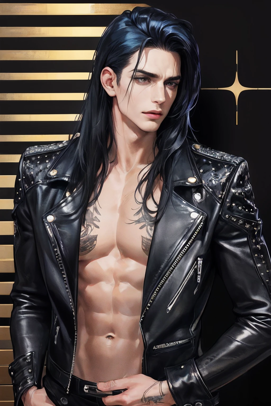 cover for a book, photography of a heavy metal star, a solo man, (((man))), (masculine face), 25 years old, singer, bad boy, (black eyes), expressive look, long dark blue black hair, (((bar background))), straight hair, blueshine hair, unshaven, black leather jacket, long sleve jacket, leather pants, chest tattoo, super detailed face, perfect body, perfect shapes, realistic image, award winning photography, 8k,