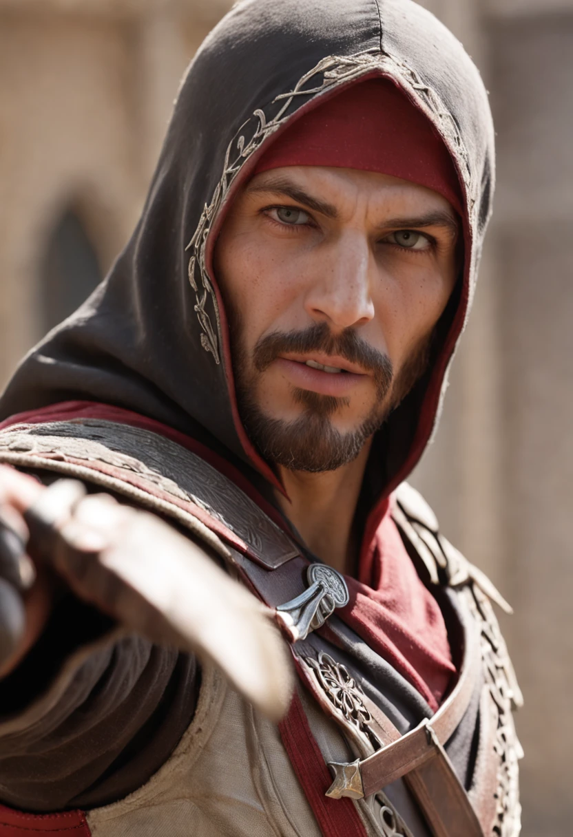 Ezio segurando um sabre de luz