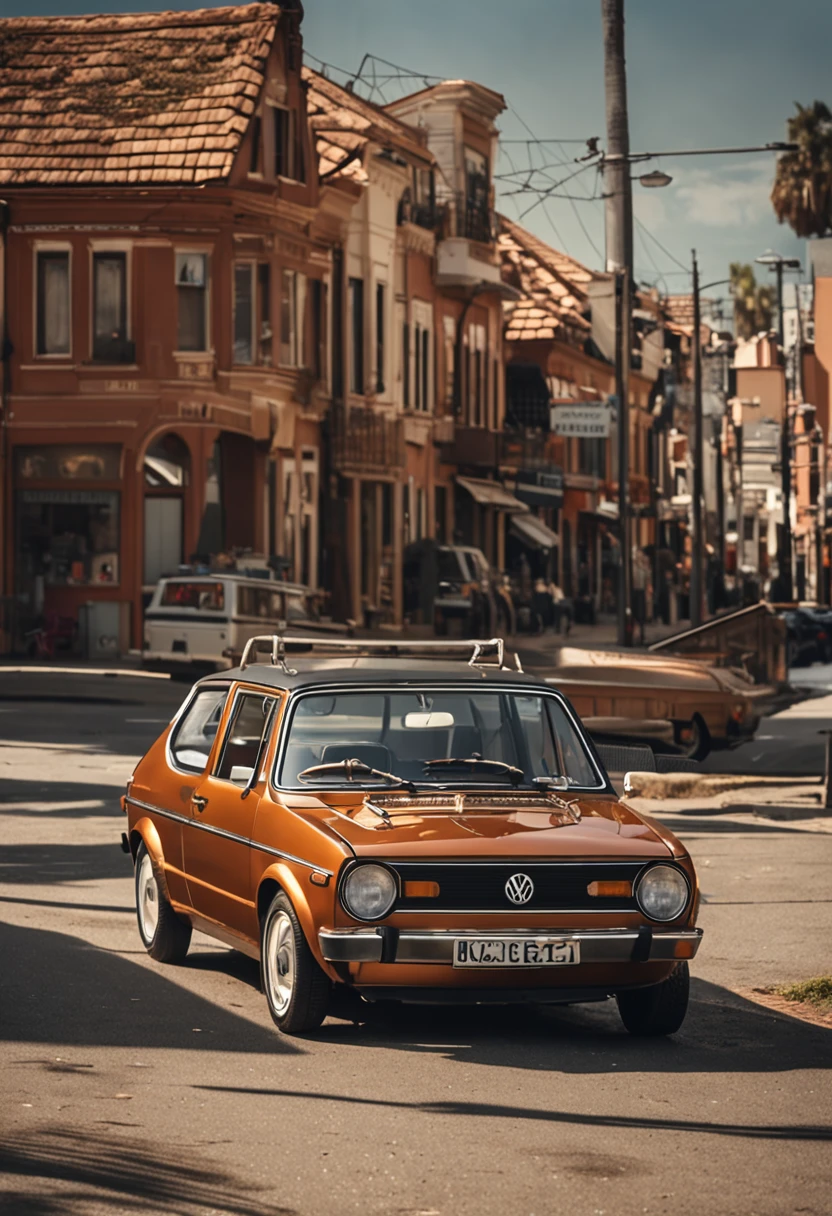 (masterpiece, high resolution, picturesque:1.2), volkswagen golf mk1 convertible car, (retro brown exterior:1.1), iconic design, parked along Harbor Road, (lights reflecting:1.2), bathed in sunlight, sea breeze rustling, (harbor view:1.1), waves lapping the shore, city skyline mirrored,  interplay of light and shadow, rich layers, captivating moment, old-world street view, vintage sentiment, fading moments