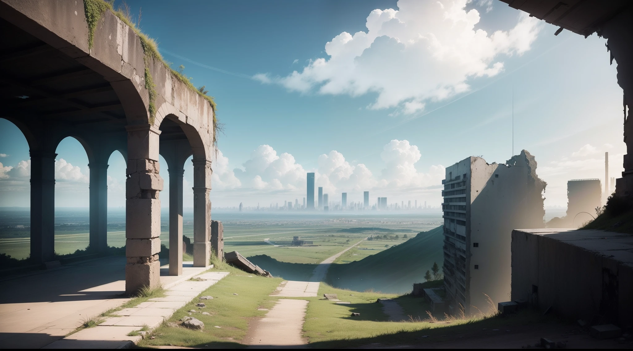 (6) [The background music softens, and the camera slowly pans away from the ruined city to reveal the vast expanse of nature in the distance.]