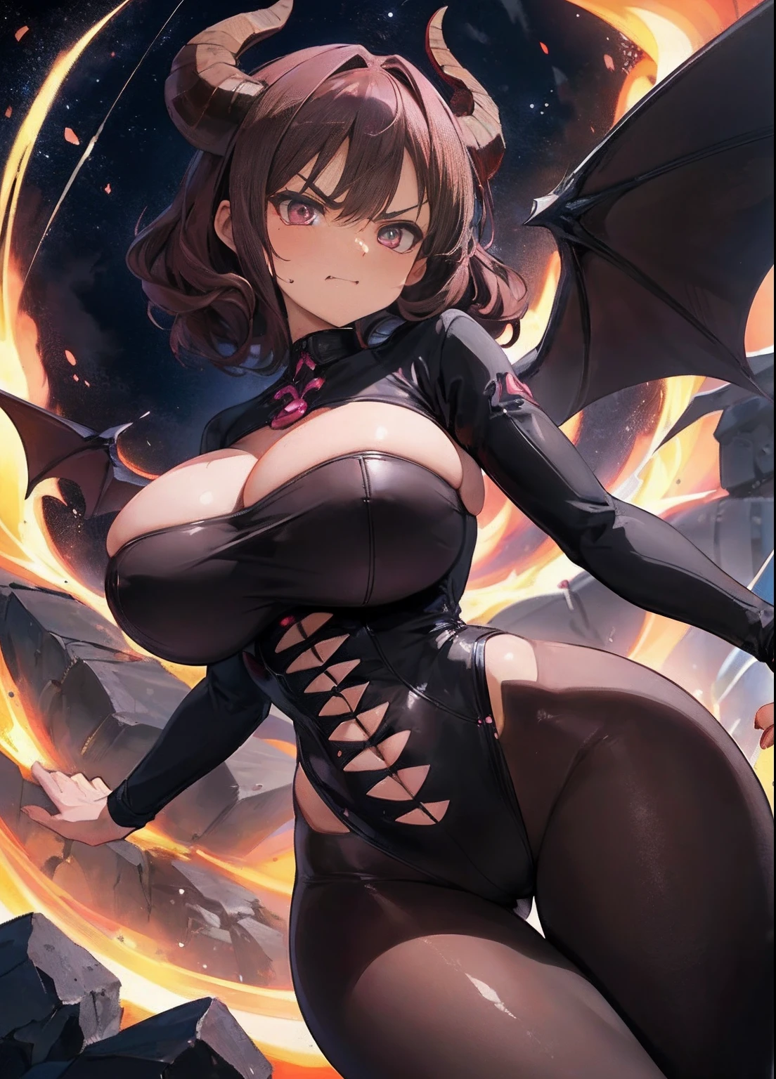 masterpiece, best quality, finely detailed, high resolution, 1girl, short curly brown hair, brown hair, pink eyes , big eyes, sexy, demon, horns, showing butt, fskinny waist, big hips, disgusted face, gross face, sexy, pink, (huge breasts), narrow waist, (huge thighs), black leather, huge horns, evil, disgusted face, angry face, narrow eyebrows, mouth open, showing fangs, evil, dark background, space girl