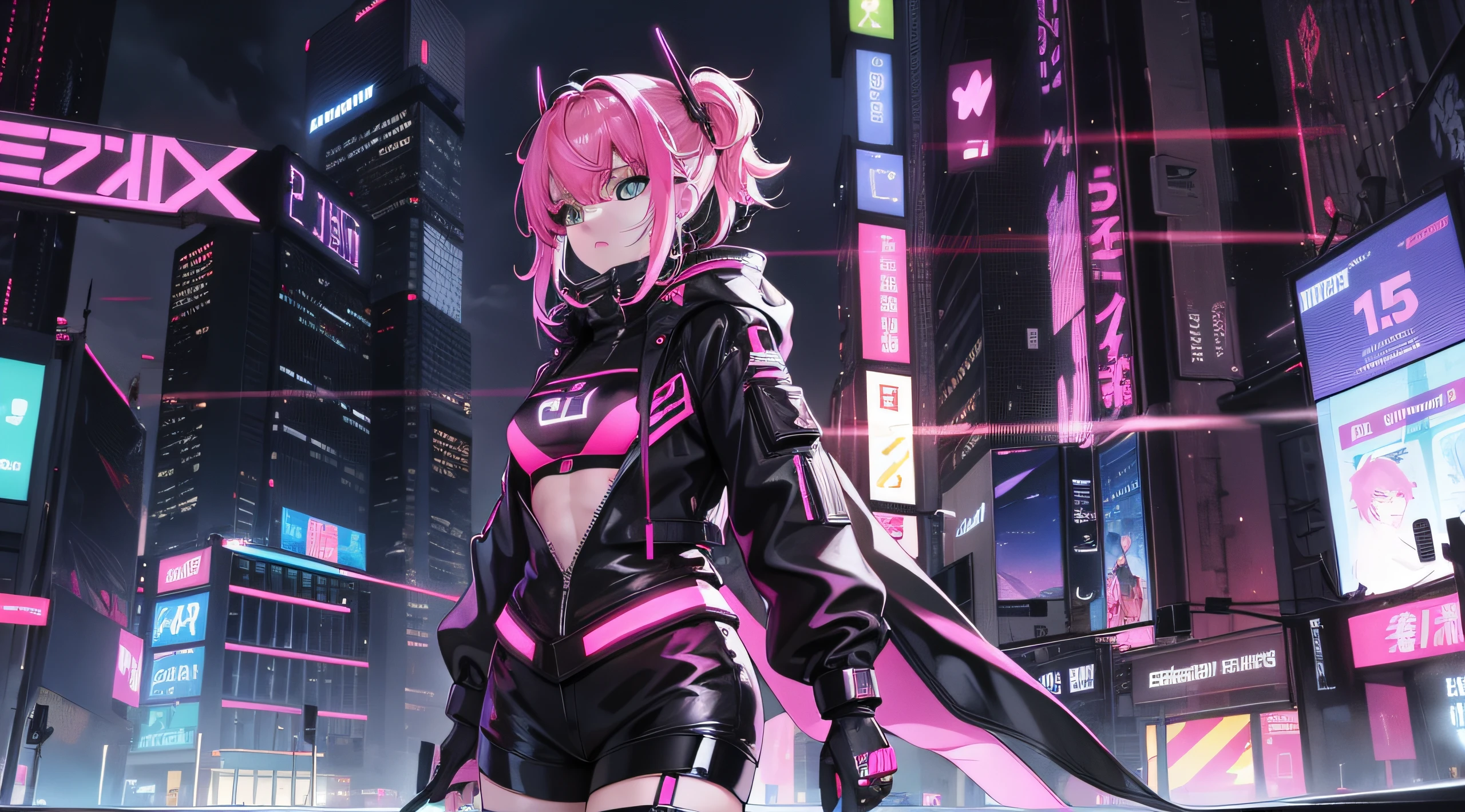 A girlis, Techwear, Neon, Futuristisch, City, Innenstadt, Meisterwerk, high-res, 4k, Lange Haare, Synthwave, weite Klamotten, Nacht, Neonlichter, pinke Augen, damsel, flache Brust, Bauch frei, happy, braune Haare, Kapuze,