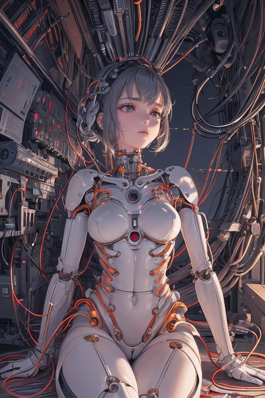 (((masterpiece))), (((best quality))), ((ultra-detailed)), (highly detailed CG illustration), ((an extremely delicate and beautiful)),(cute delicate face),cinematic light,((1mechanical girl)),solo,full body,(machine made joints:1.4),((machanical limbs)),(blood vessels connected to tubes),((mechanical vertebra attaching to back)),((mechanical cervial attaching to neck)),((sitting)),expressionless,(wires and cables attaching to head and body:1.5),(character focus),science fiction
