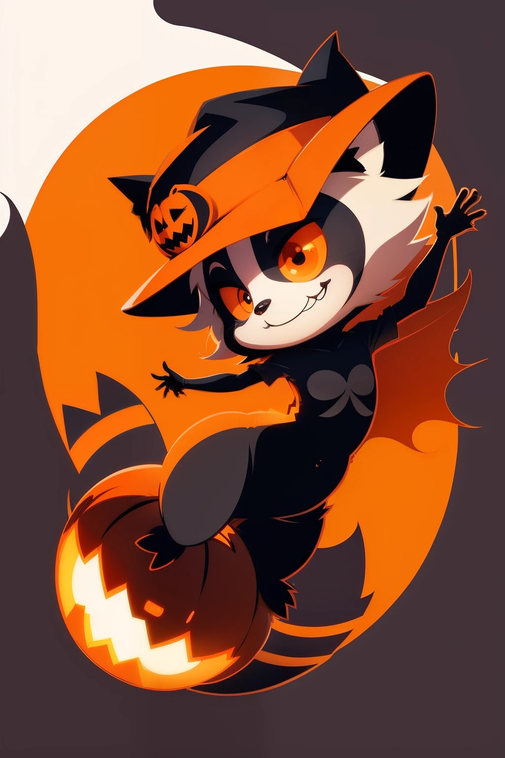 2d sticker in outline vector, chibi Cute raccoon, buoyant, orange eyes with wide haunting smiles, Halloween hat, flying bats, outlined, white background, cartoon, flattened illustration, outlines only, less details, modern cartoon style, vector graphic