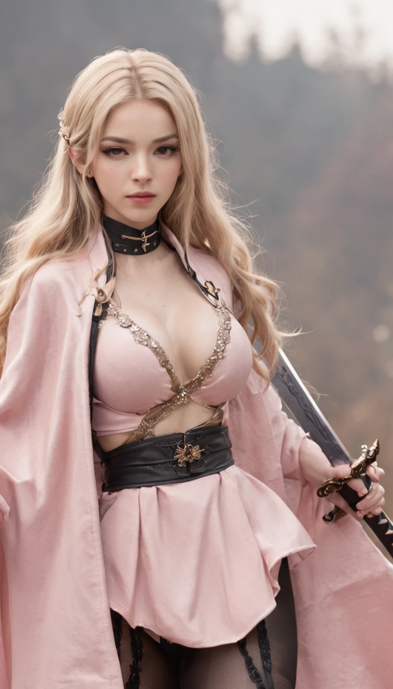 sword, weapon, katana, 1girl, floral print, sheathed, sheath, navel, blonde hair, choker, long hair, midriff, mole, solo, breasts, jacket, black choker, lips, skirt, looking at viewer, sword behind back, weapon on back, pink jacket, open clothes, brown eyes, bare shoulders, medium breasts, crop top