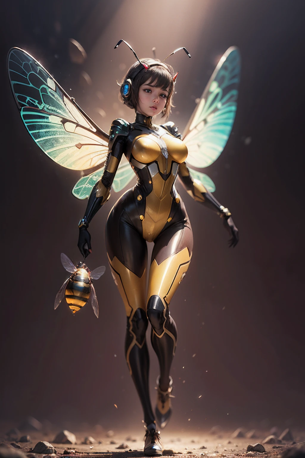 ((Masterpiece, best quality, photography, detailed skin, 8k, highly detailed, full body, High detail RAW color art, diffused soft lighting, shallow depth of field, sharp focus, hyperrealism, cinematic lighting, ((Female anthro bee:0.8)), Feminine insect creature, Four insectoid arms, wings Similar to a bee, Yellow and black color design, a remarkable Bee Body, Shiny Plug Suit, Bee wings, Cute Girl Face, a female, beautifully makeup, eyeshadow, beautiful big eyes, brown eyes, long eye lashes, monstrous insect, chitin skin, large almond shaped eyes, humanoid body style, sagging large breast, saggy body, ((large bee abdomen)), silky thorax, tarsus legs, an evil gaze that seduces, lying, on side, touching foot, on side, beehive, back view