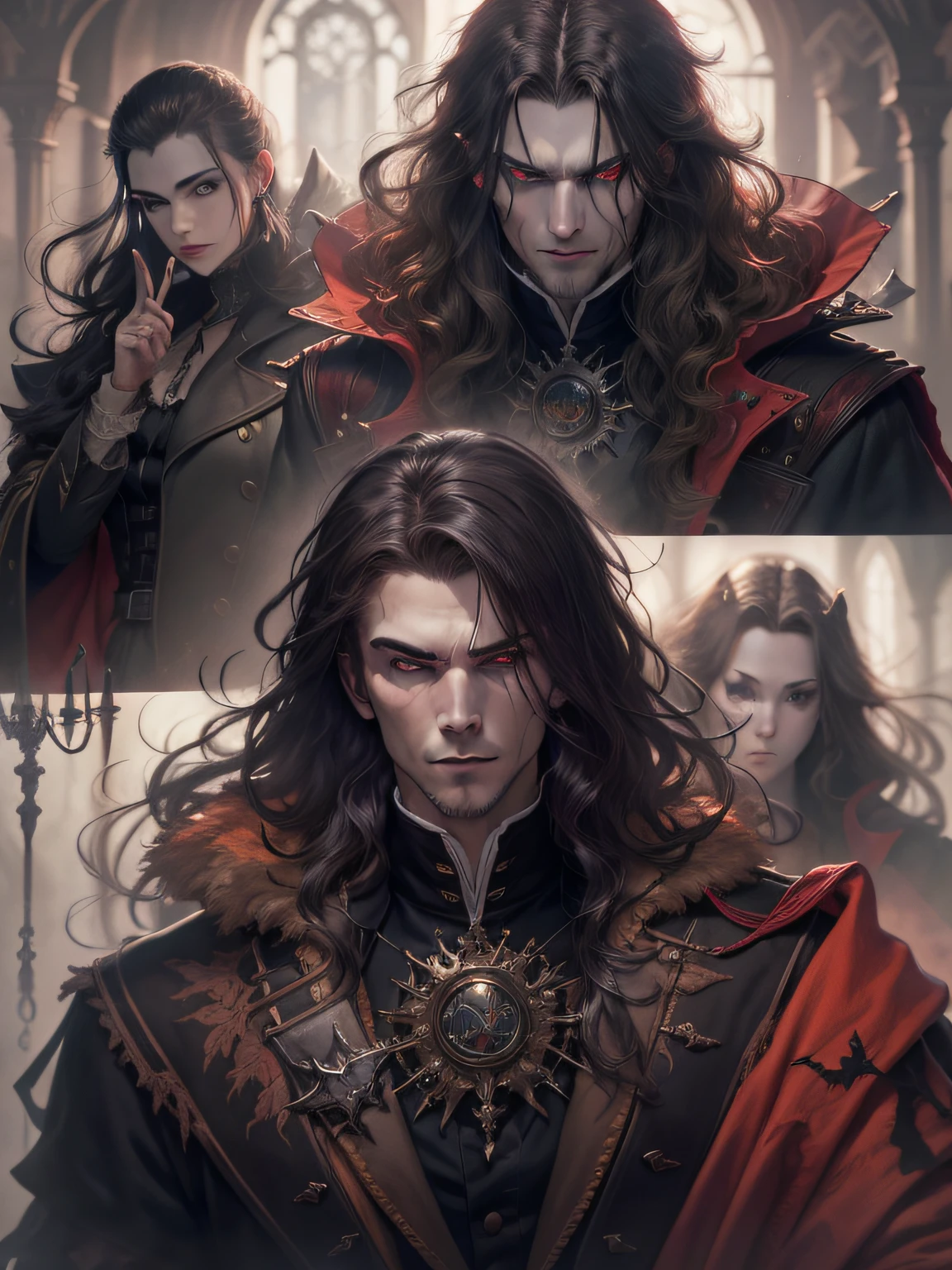 1 Vampire King, ember, Lestat, Chic, 30 years, beutiful, Detailed, ultradetail, black hair, Clothing of the 17th century, portrait art, nobility, hyper realisitc, fangs, grin, serious look, gloomily, haze, Creepy Throne Room, ghotic style, Danger, Атмосфера Silent Hill, Obscurity