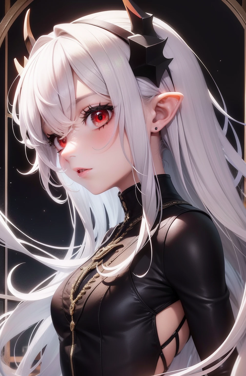 Garoto, menino dragao, menino demonio, obra-prima, melhor qualidade, ultra-detalhado, absurdres, colorido, 1boy, boy, solo, (solid red eyes: 1.0), (cabelo branco, cabelo longo, cabelo liso, cabelo sobre um olho: 1.0), olhos detalhados, olhos arregalados, Cilia, (parte superior do corpo: 0.8), garota monstro, Side view, olhos brilhantes, bowed head, noite, terno preto, orelhas pontudas, horror, escuro, fundo preto, olhando para o espectador, coroa, alto contraste, retroiluminação, (standingn: 0.8), aura, fundo fractal, caothic, espiral, demonic horns, energia, mosaico, inferno